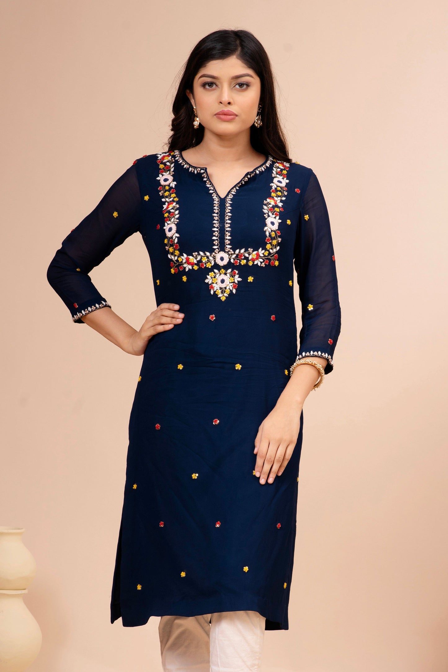 Royal Blue Georgette Floral Hand Embroidered Kurta Set