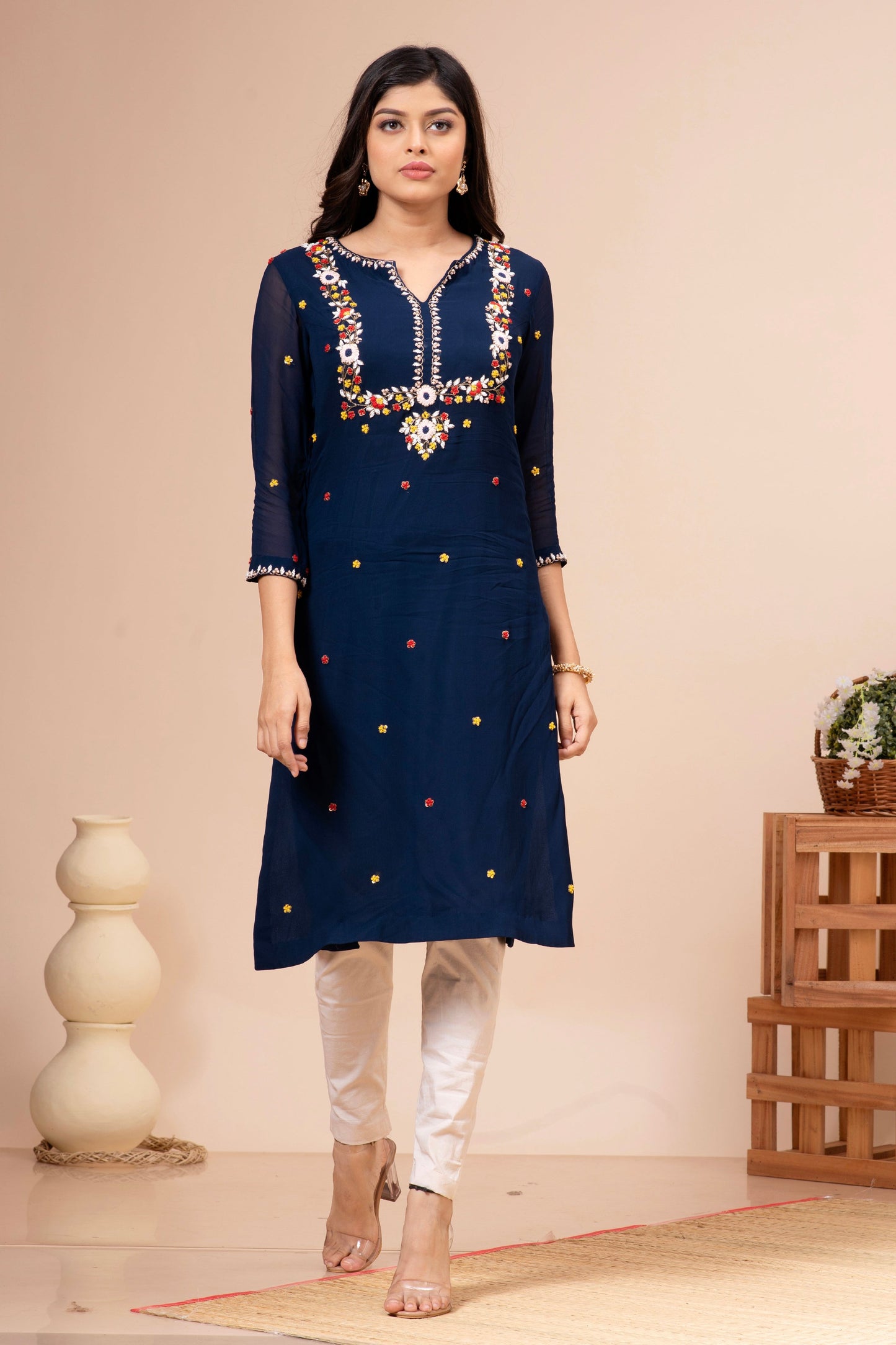 Royal Blue Georgette Floral Hand Embroidered Kurta Set