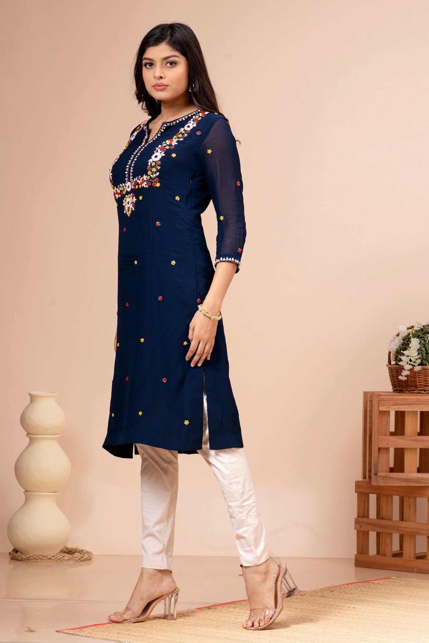 Royal Blue Georgette Floral Hand Embroidered Kurta Set