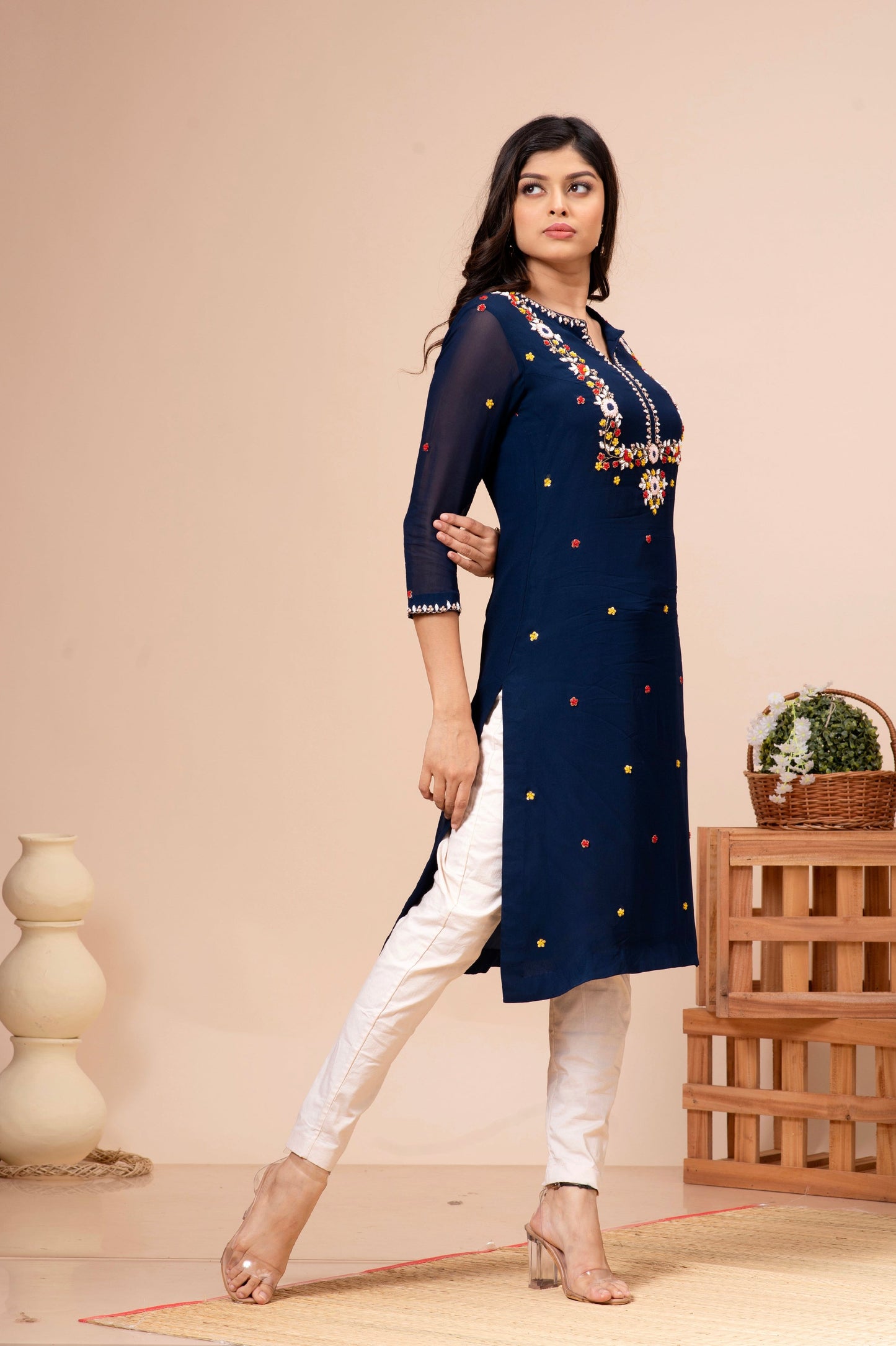 Royal Blue Georgette Floral Hand Embroidered Kurta Set
