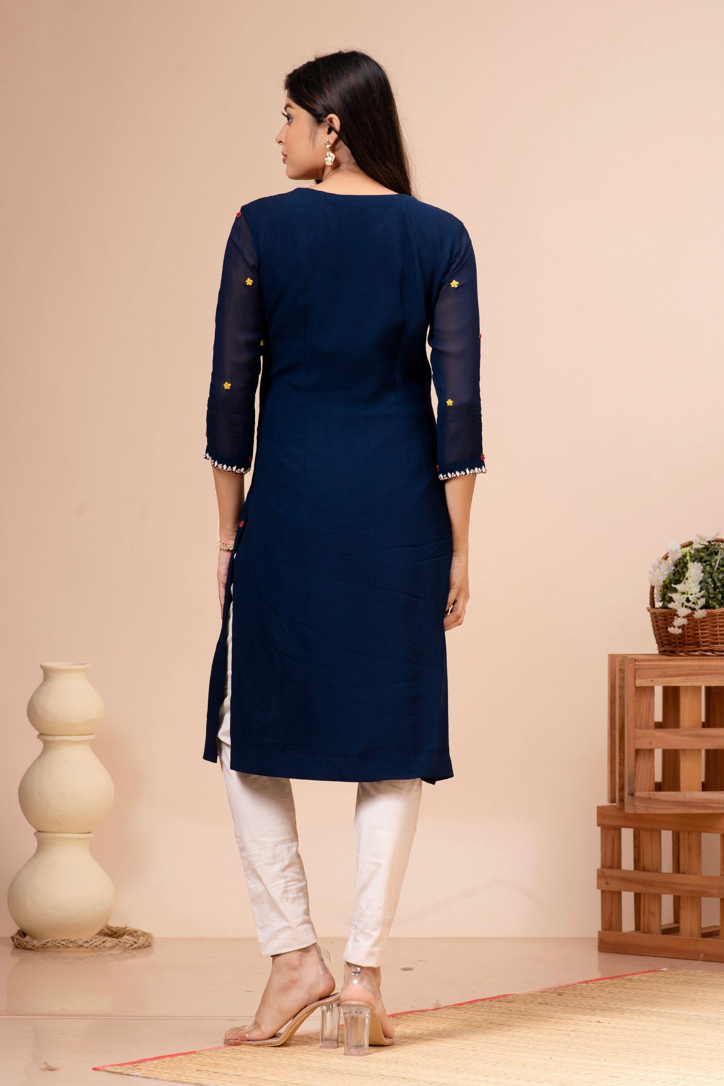 Royal Blue Georgette Floral Hand Embroidered Kurta Set