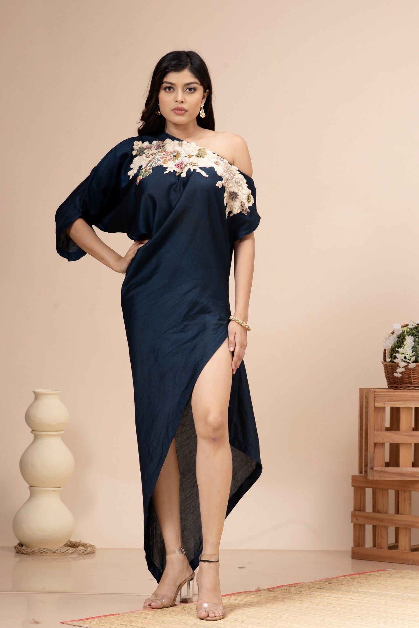 Oxford Blue Chanderi Off Shoulder Tunic