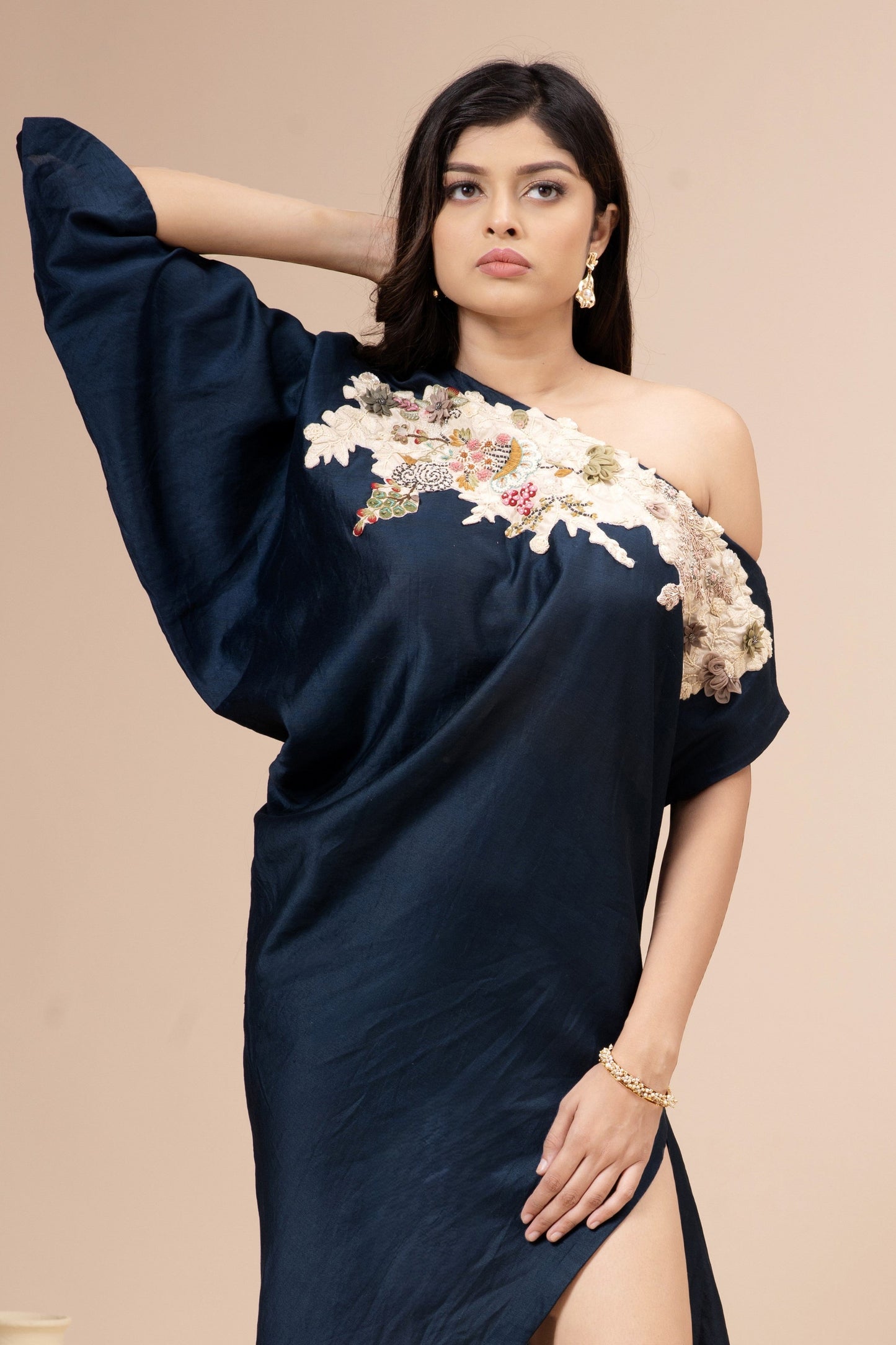 Oxford Blue Chanderi Off Shoulder Tunic