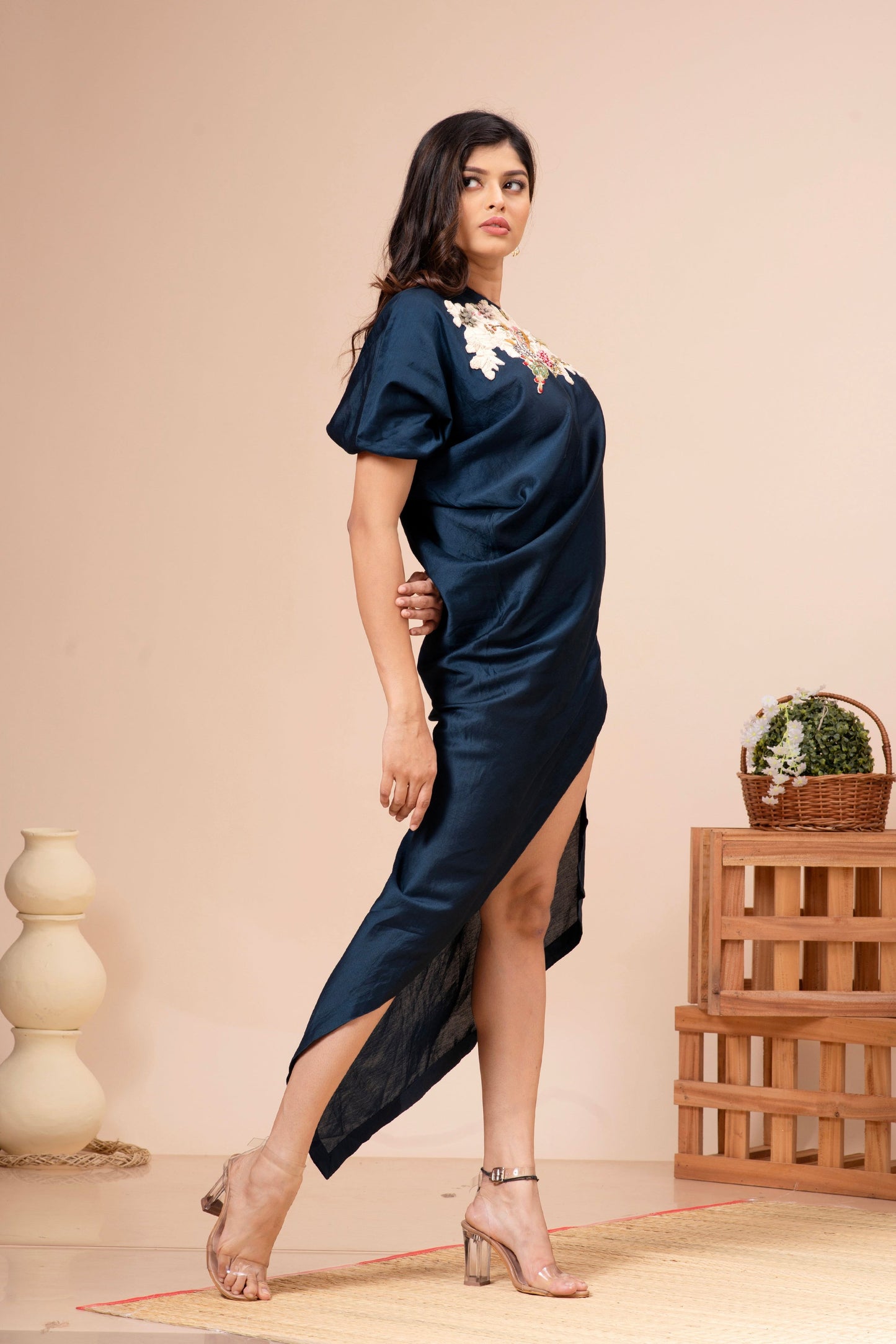 Oxford Blue Chanderi Off Shoulder Tunic
