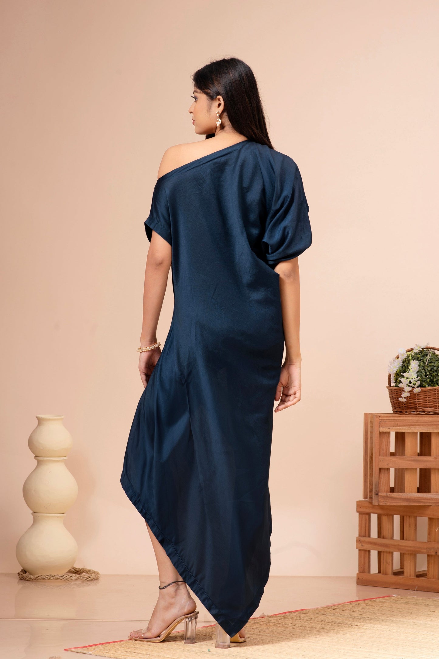 Oxford Blue Chanderi Off Shoulder Tunic
