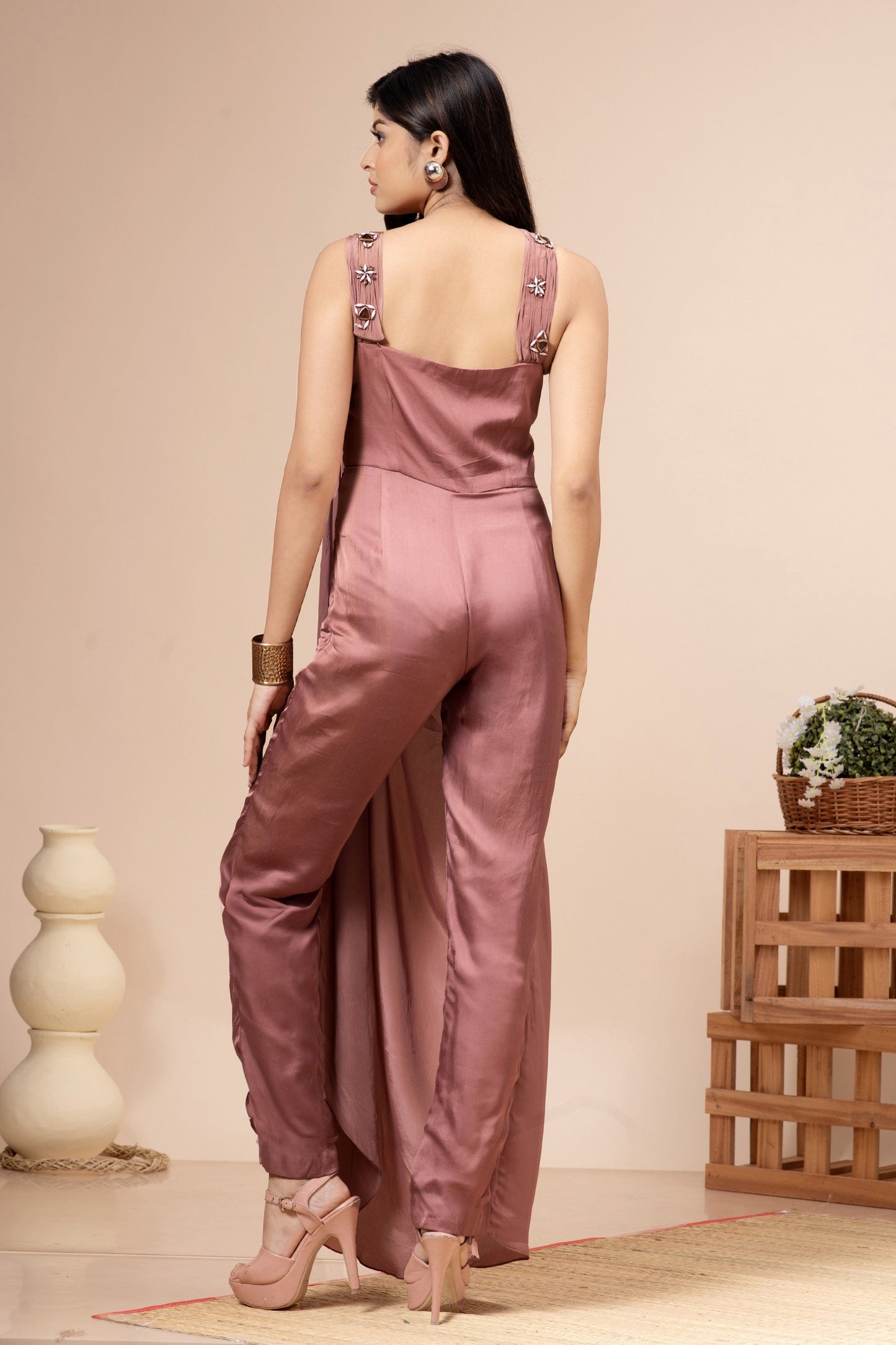 Dusty Pink Satin Jumpsuit with Stone Work