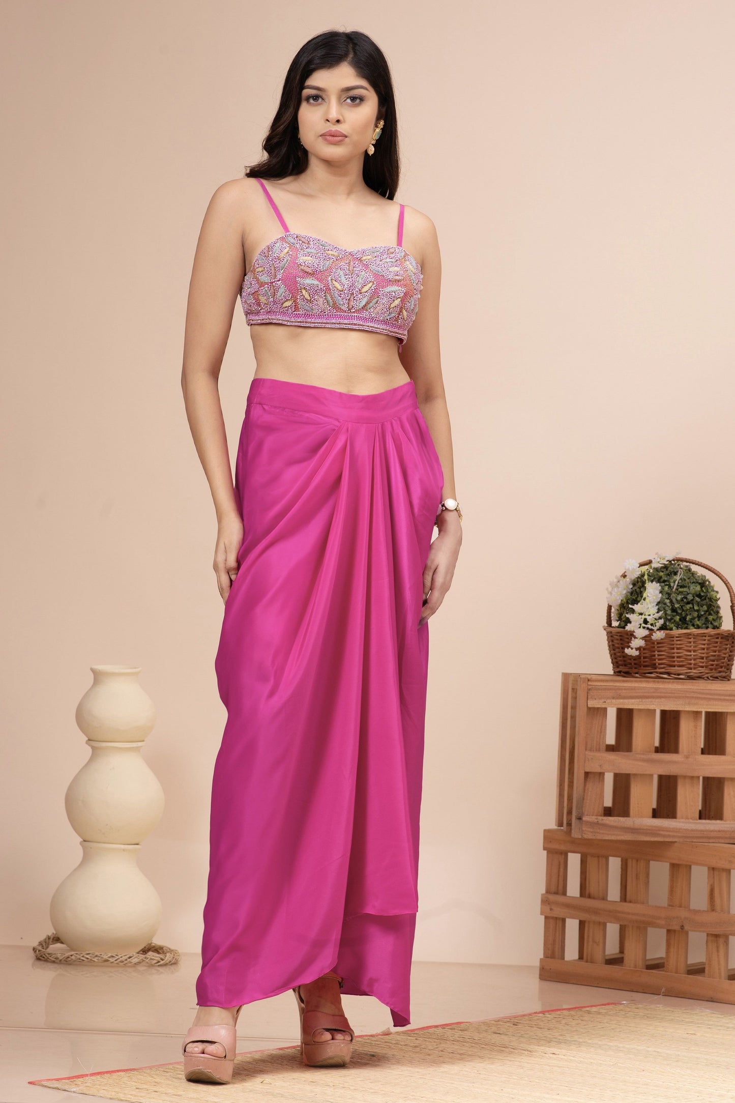 Fuchsia Pink Habutai Silk Embroidered Fusion Set