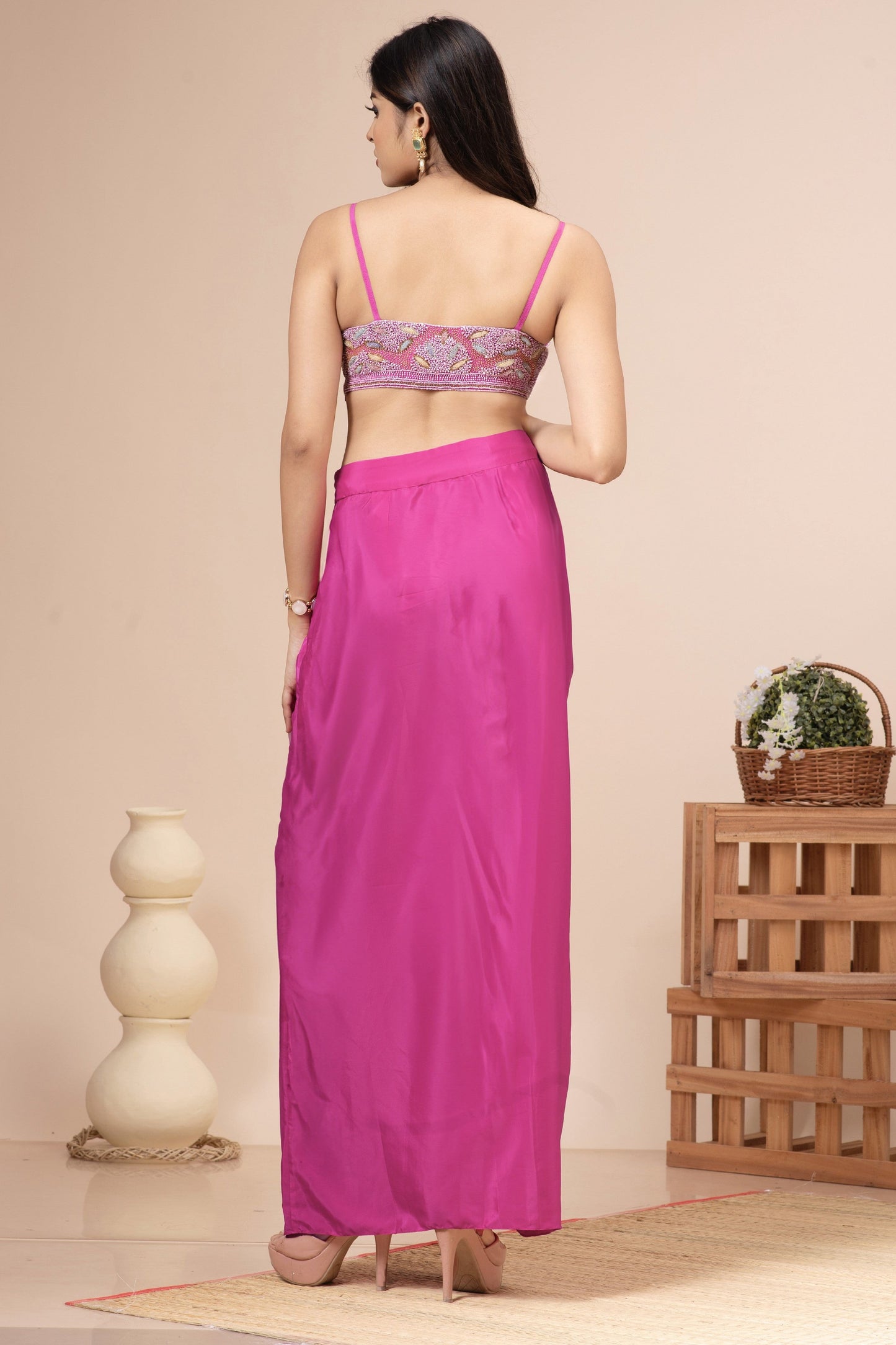 Fuchsia Pink Habutai Silk Embroidered Fusion Set