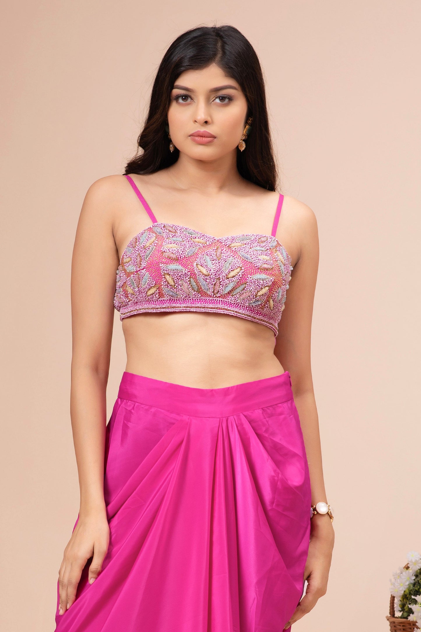 Fuchsia Pink Habutai Silk Embroidered Fusion Set