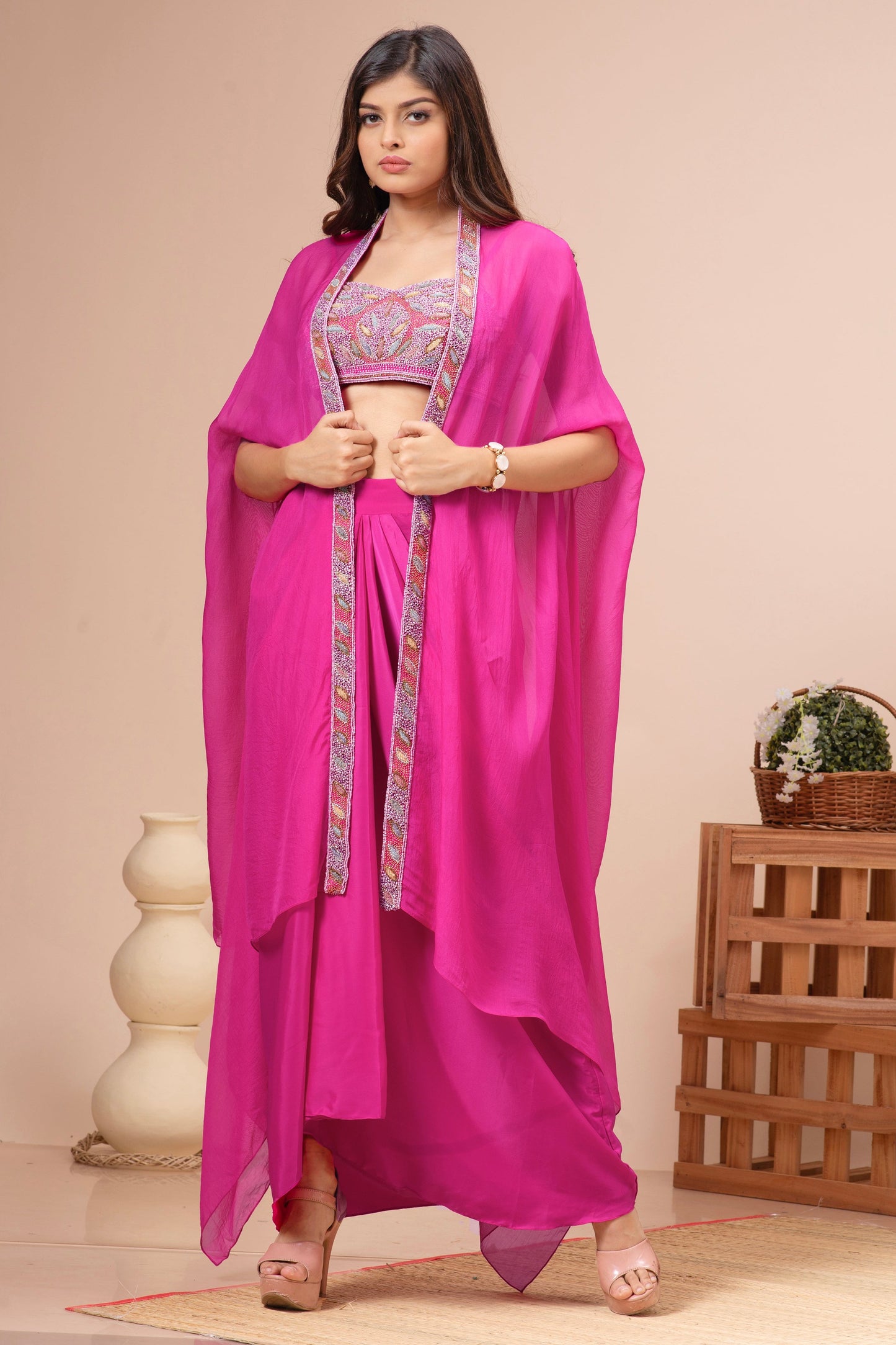 Fuchsia Pink Habutai Silk Embroidered Fusion Set