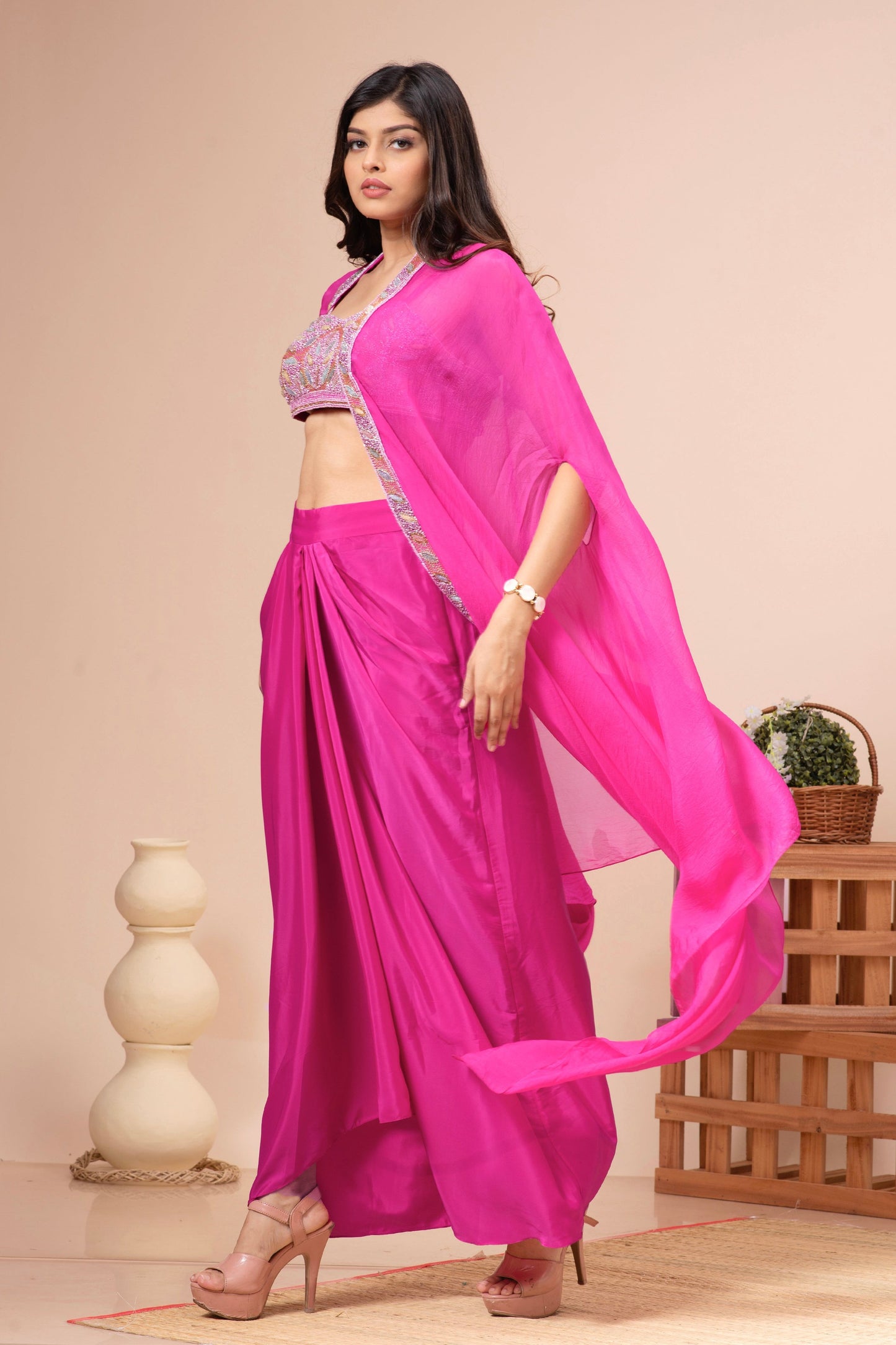 Fuchsia Pink Habutai Silk Embroidered Fusion Set