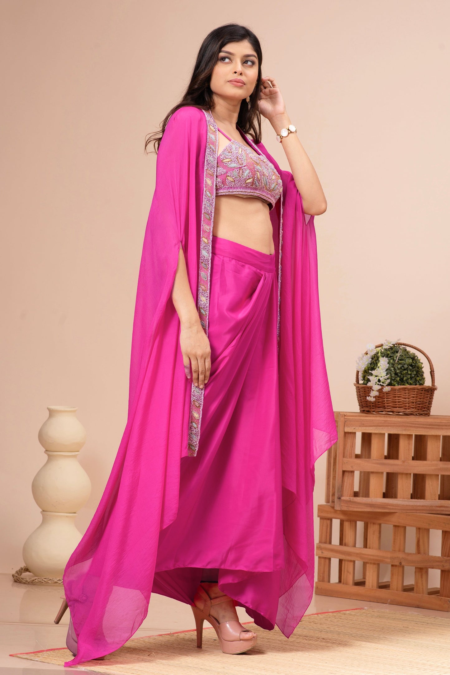 Fuchsia Pink Habutai Silk Embroidered Fusion Set