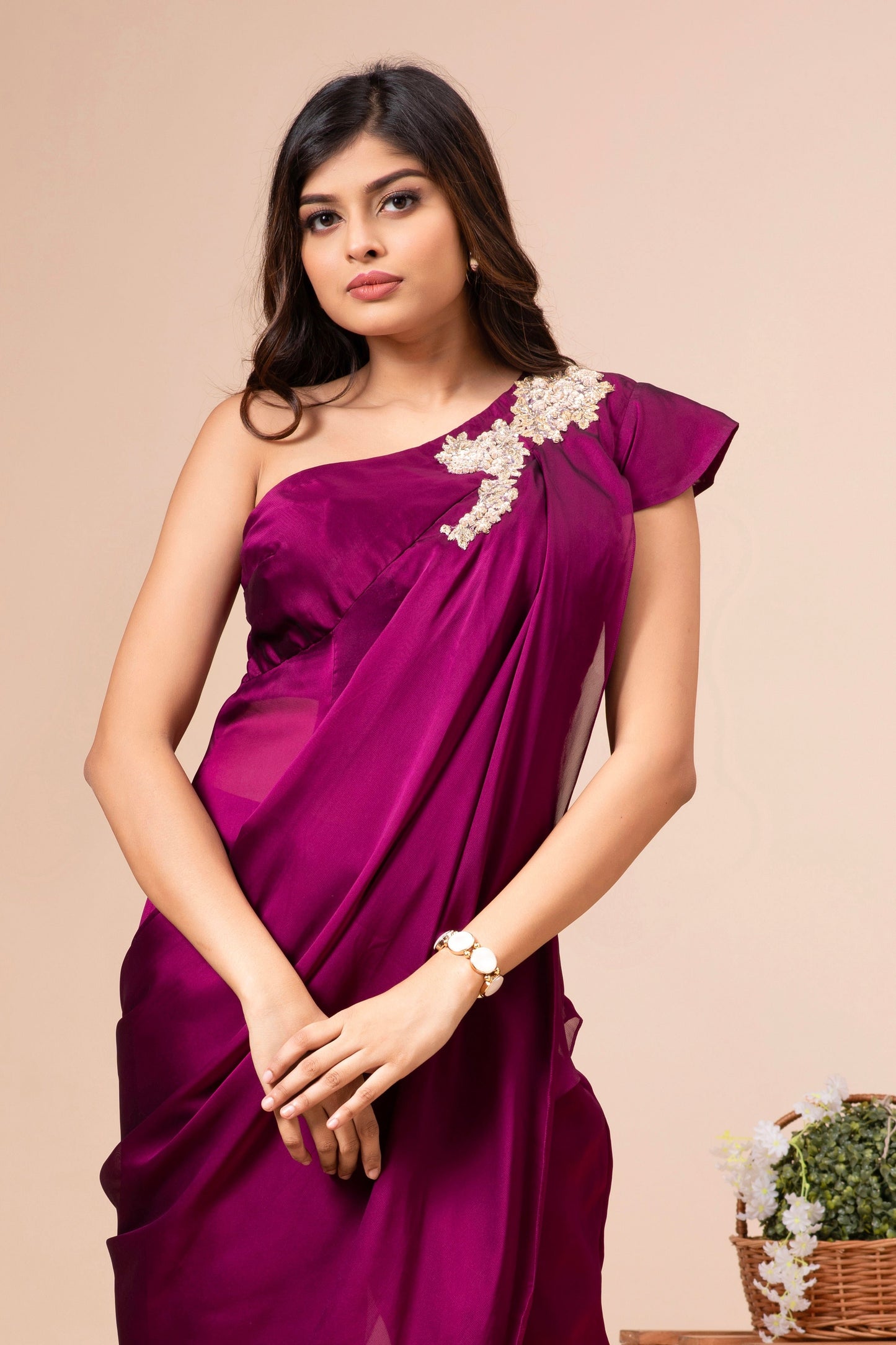 Wine Silk Draped and Embroidered Co-ord Set