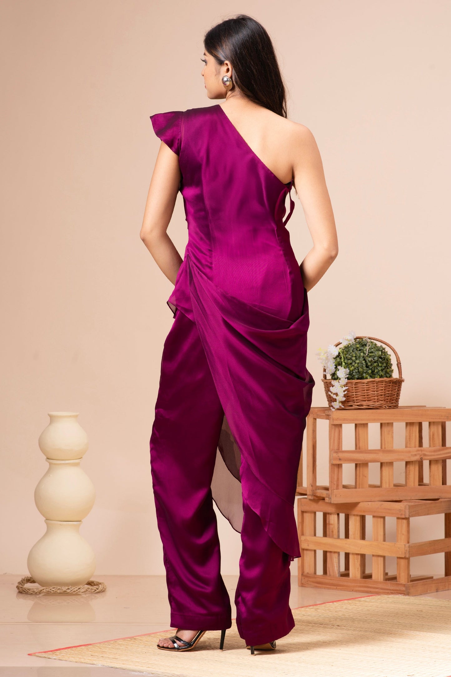 Wine Silk Draped and Embroidered Co-ord Set