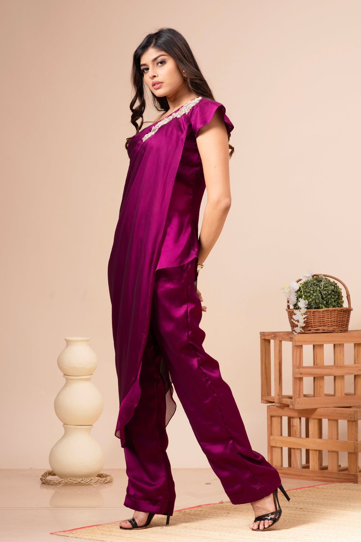 Wine Silk Draped and Embroidered Co-ord Set