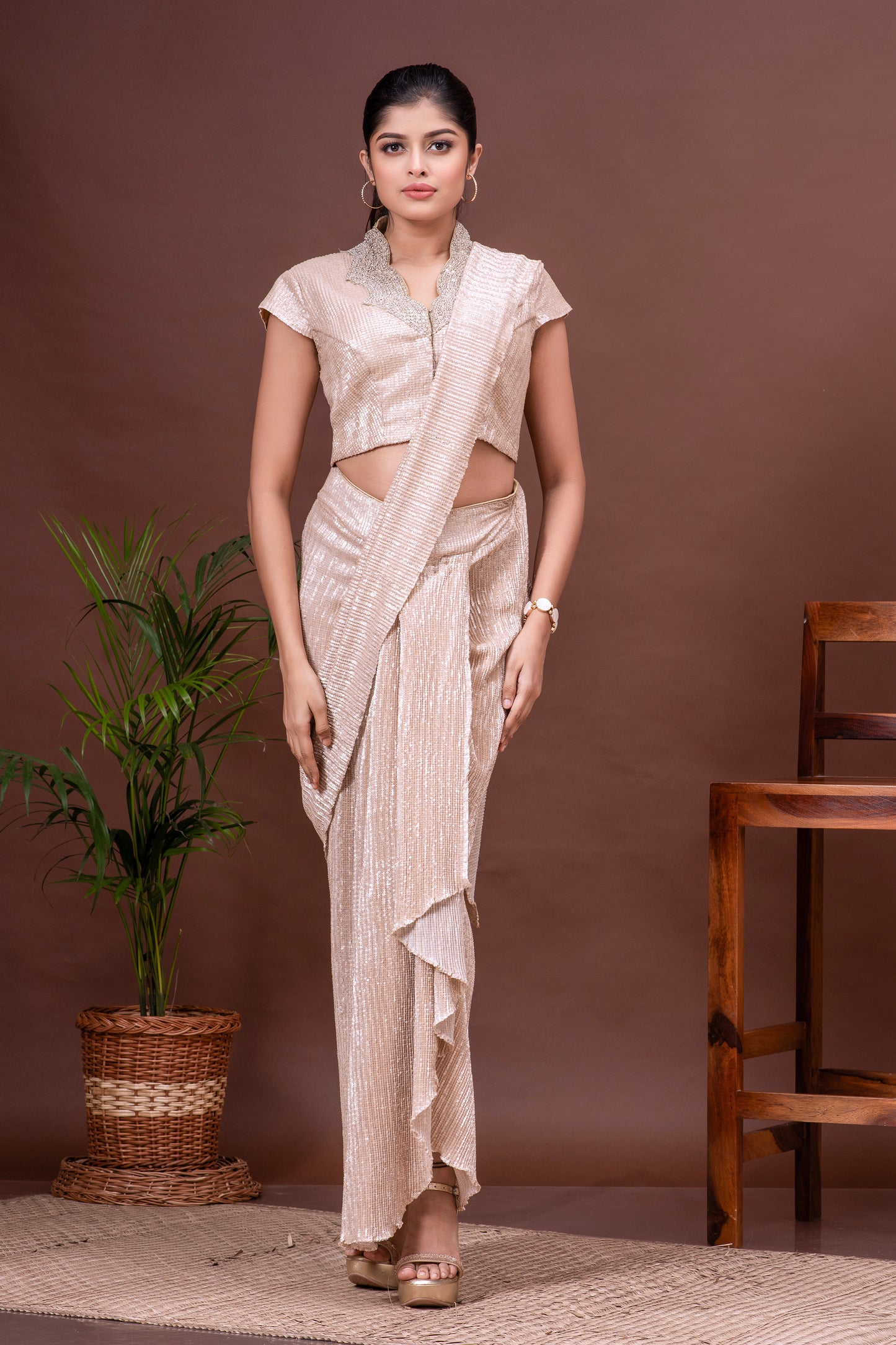White Gold Shimmer Pre-Draped Saree Set