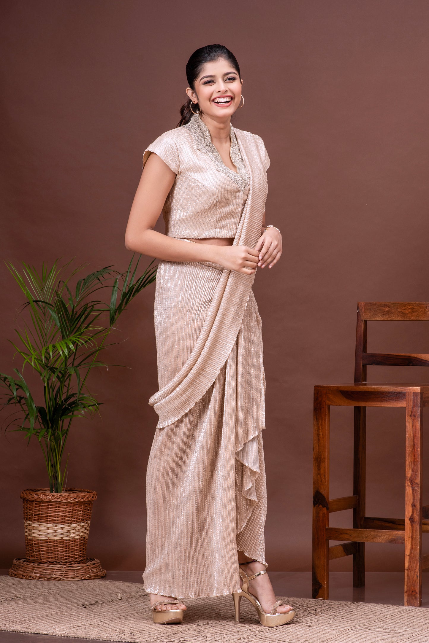 White Gold Shimmer Pre-Draped Saree Set