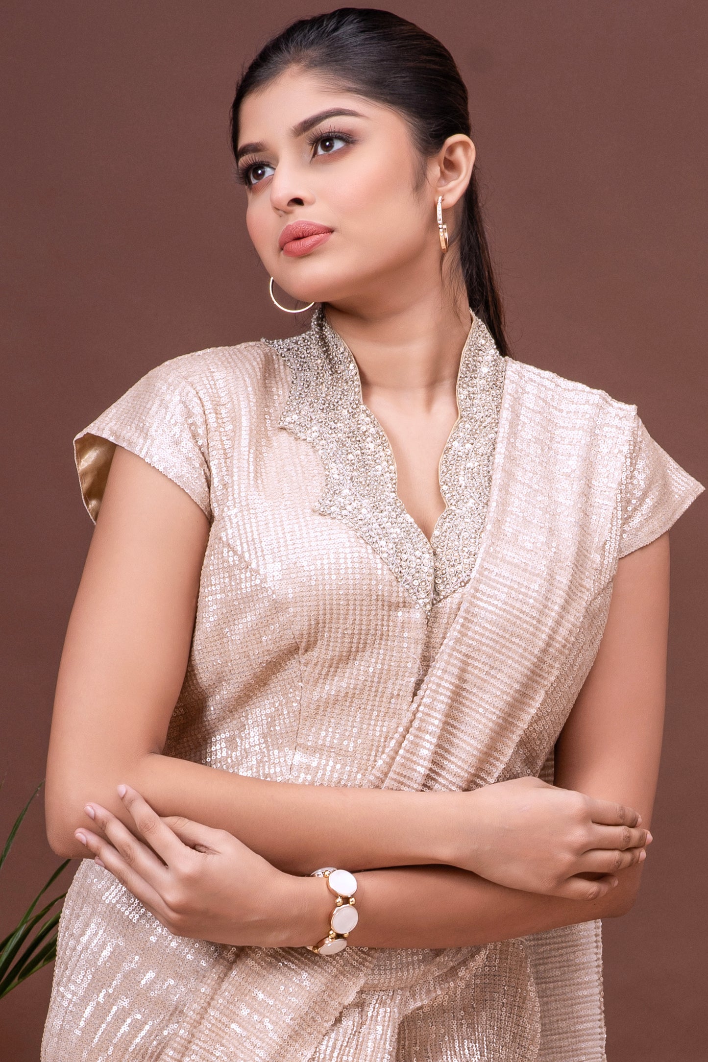 White Gold Shimmer Pre-Draped Saree Set