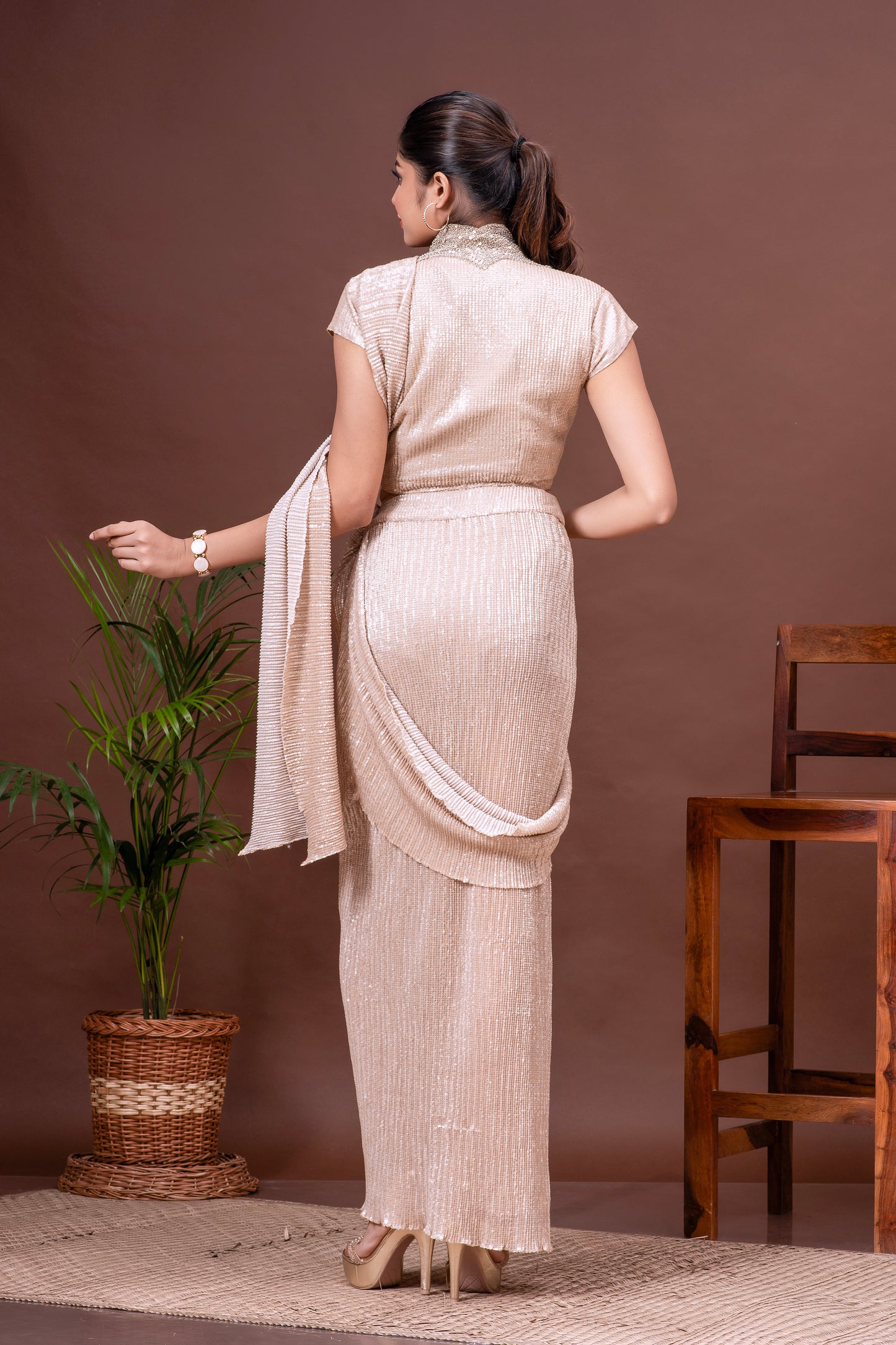 White Gold Shimmer Pre-Draped Saree Set
