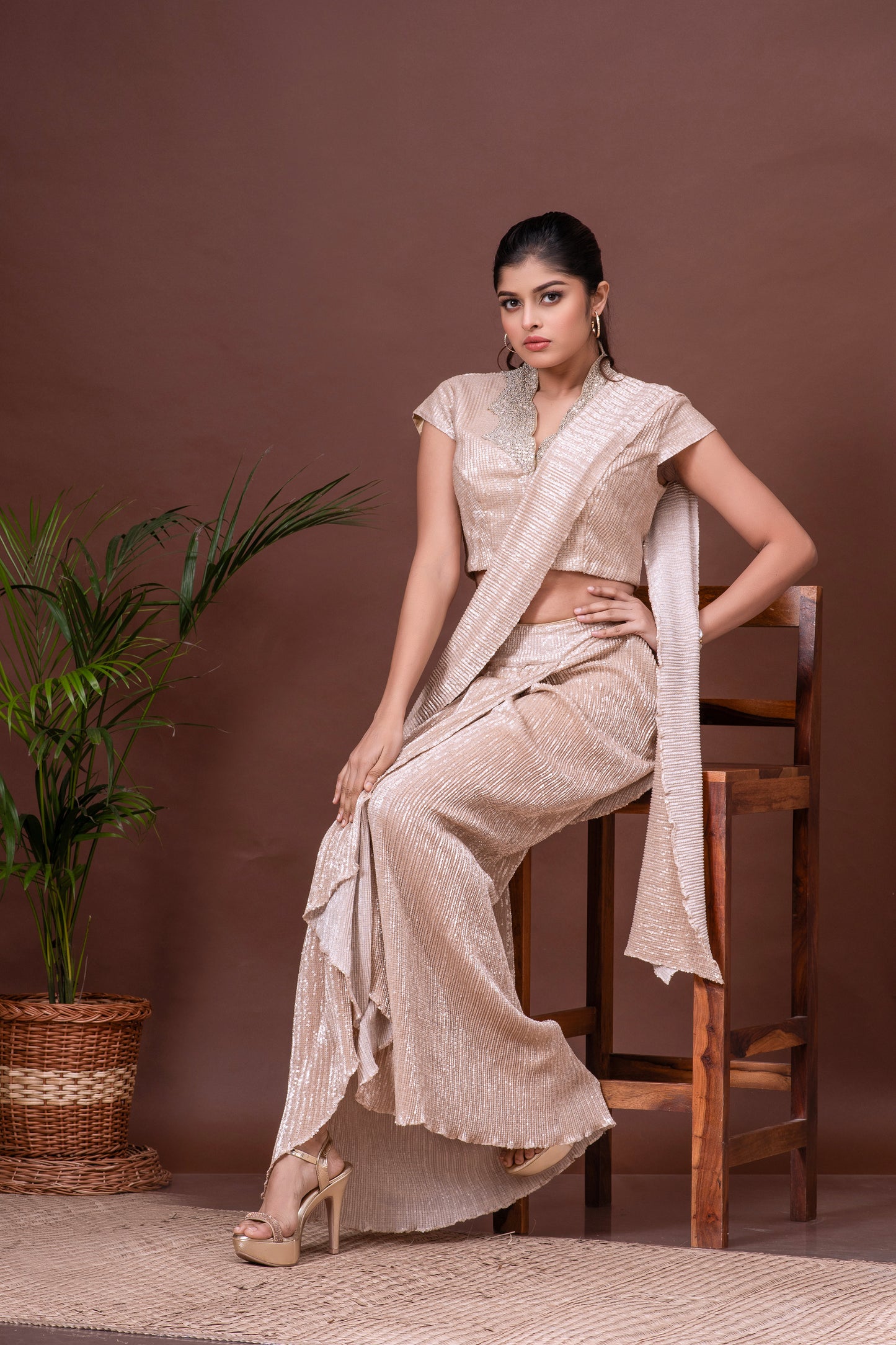 White Gold Shimmer Pre-Draped Saree Set