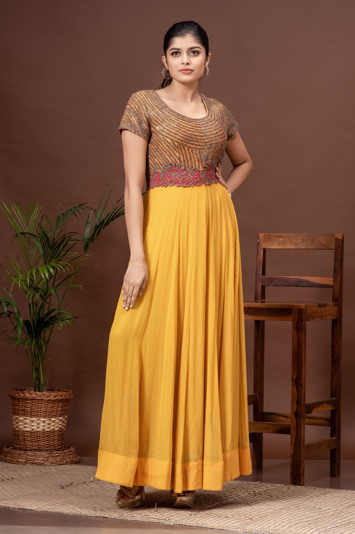 Deep Saffron Georgette Panelled Embroidered Gown