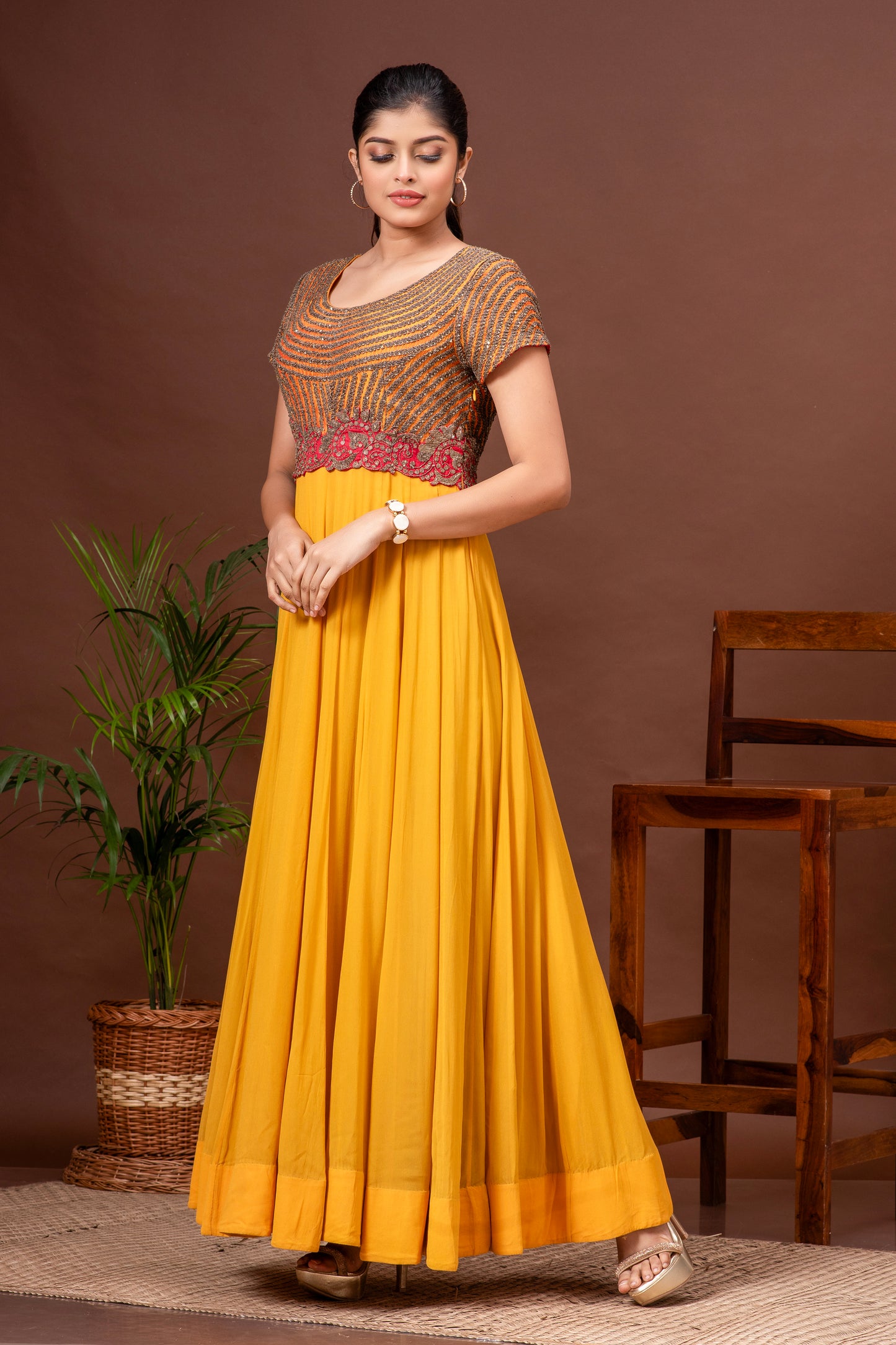 Deep Saffron Georgette Panelled Embroidered Gown