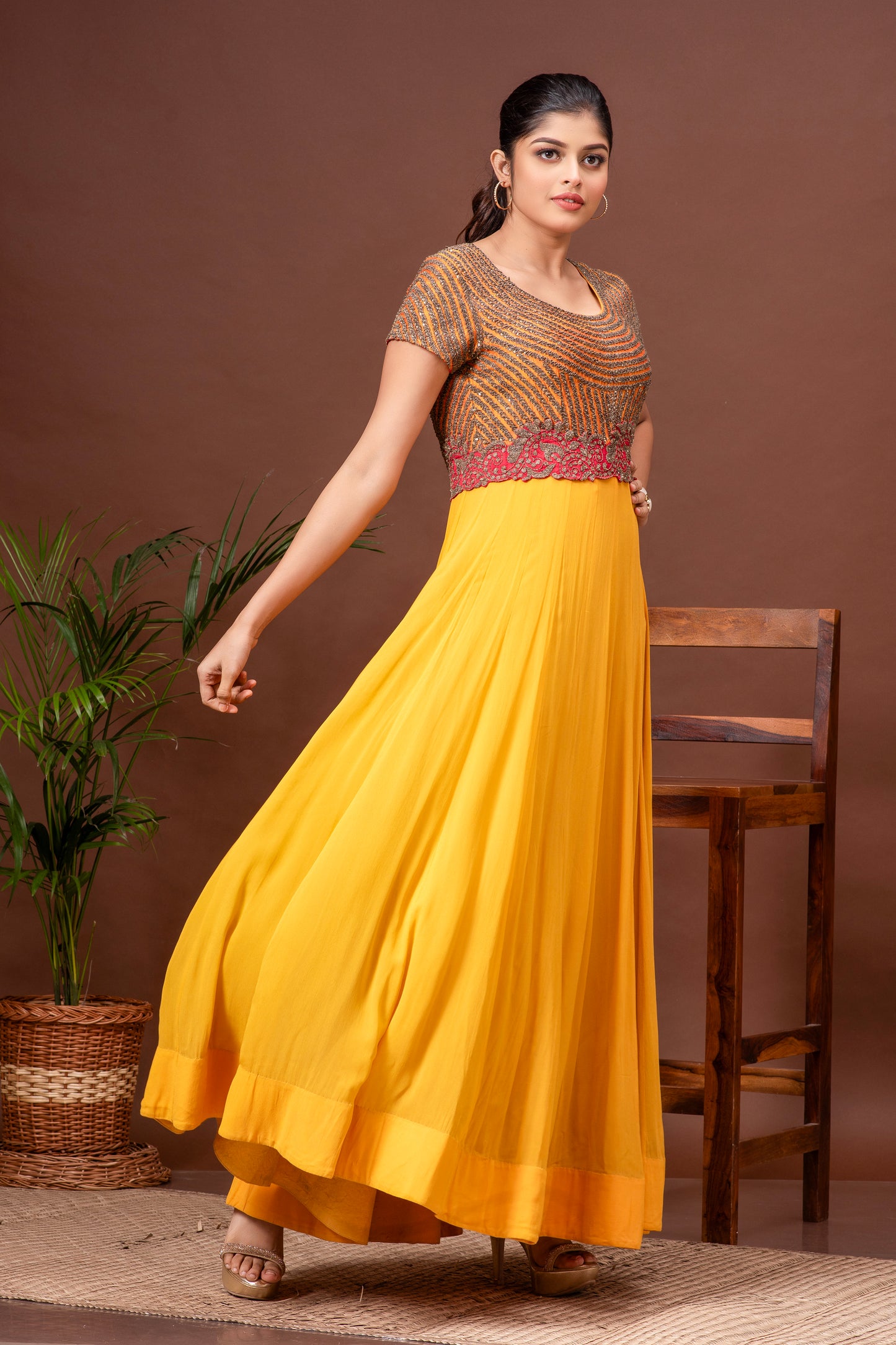 Deep Saffron Georgette Panelled Embroidered Gown
