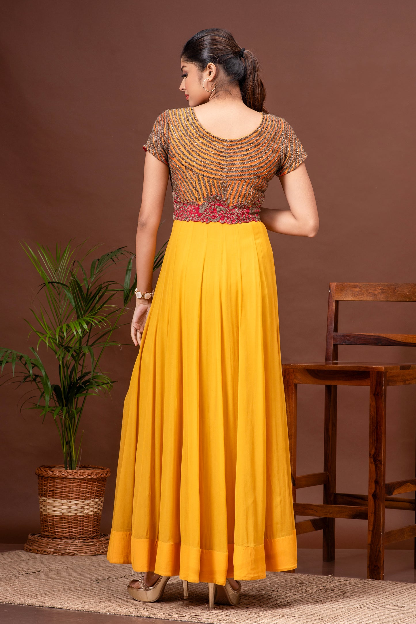 Deep Saffron Georgette Panelled Embroidered Gown