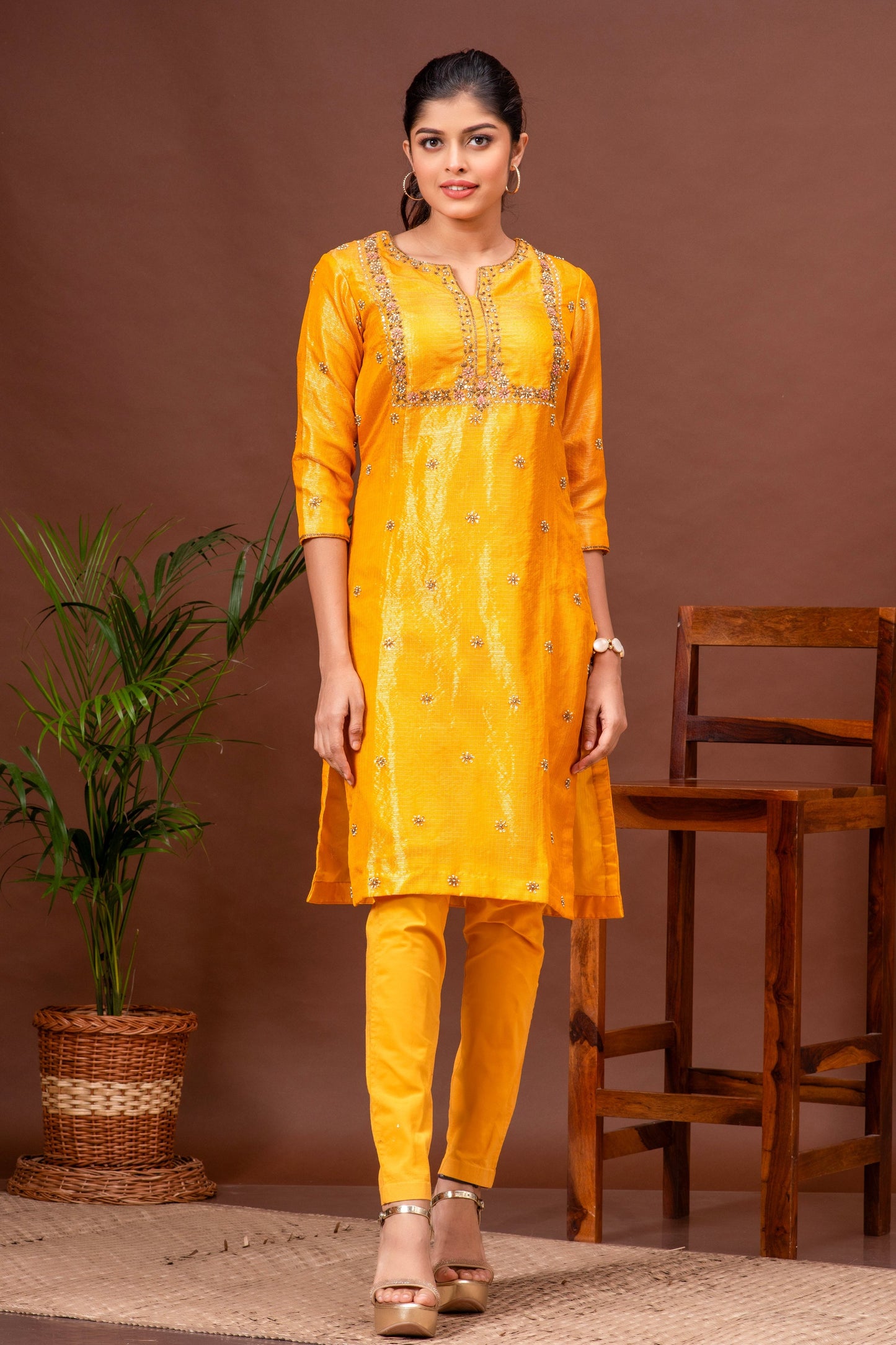 Deep Saffron Zari Kota Doriya Embroidered Kurta Set