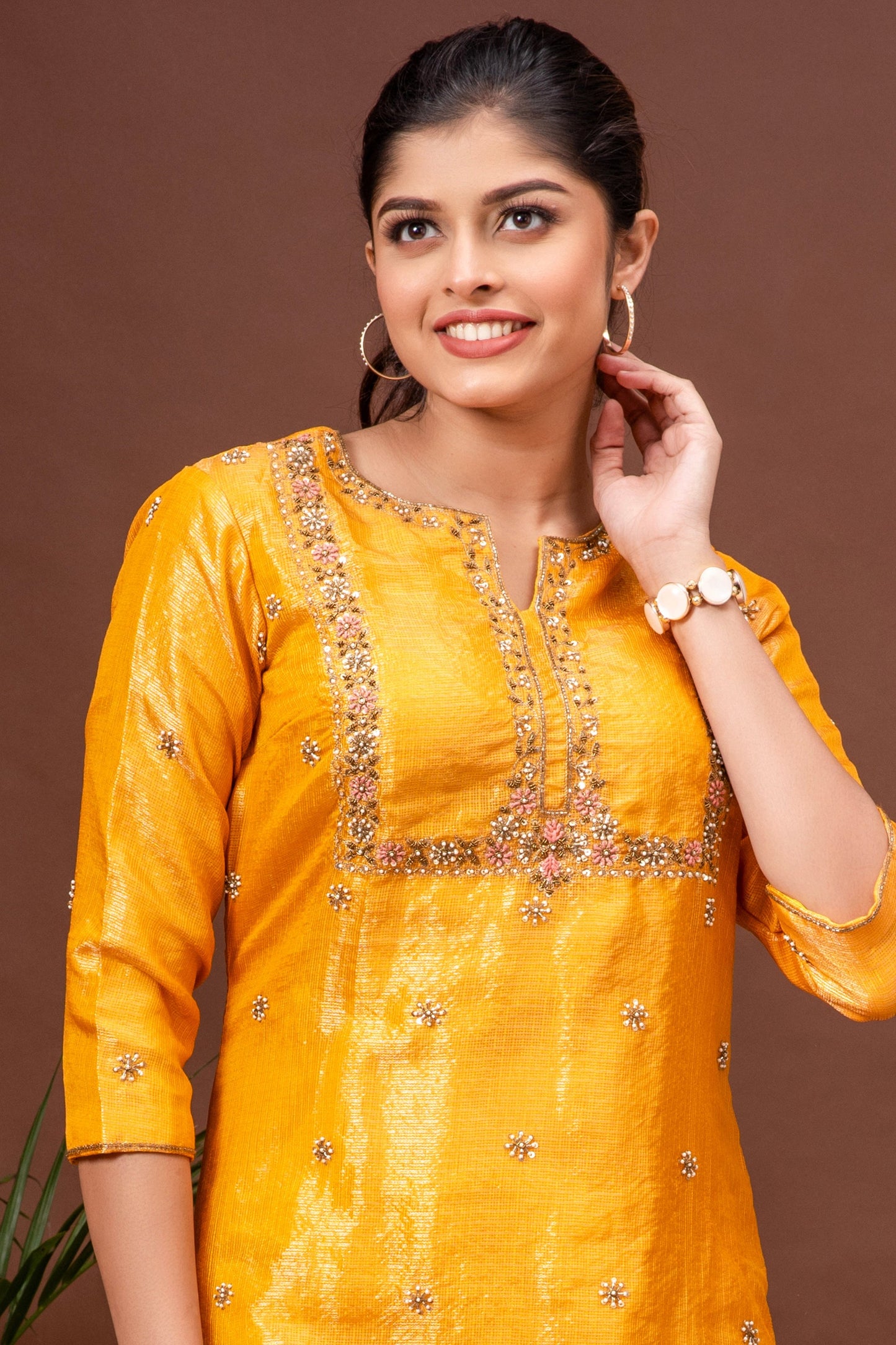 Deep Saffron Zari Kota Doriya Embroidered Kurta Set