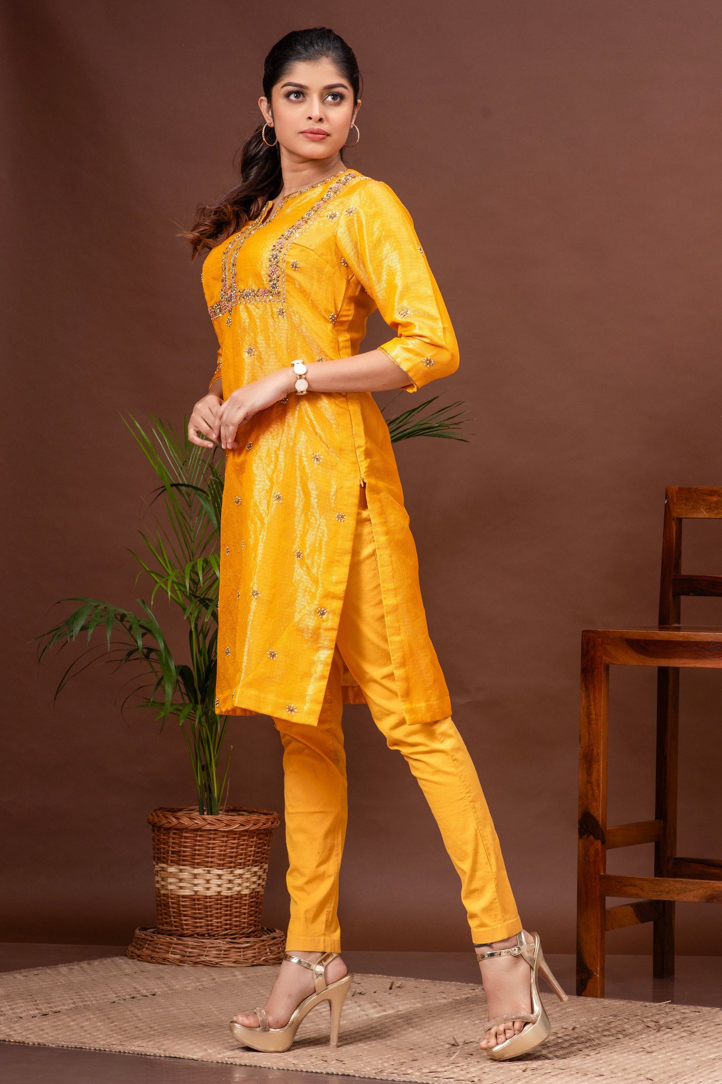 Deep Saffron Zari Kota Doriya Embroidered Kurta Set