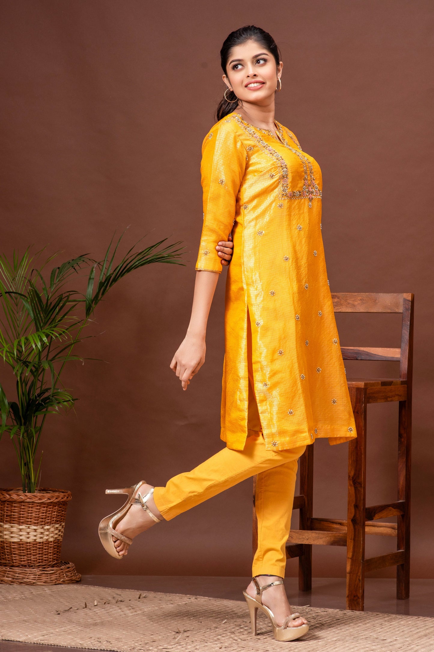 Deep Saffron Zari Kota Doriya Embroidered Kurta Set