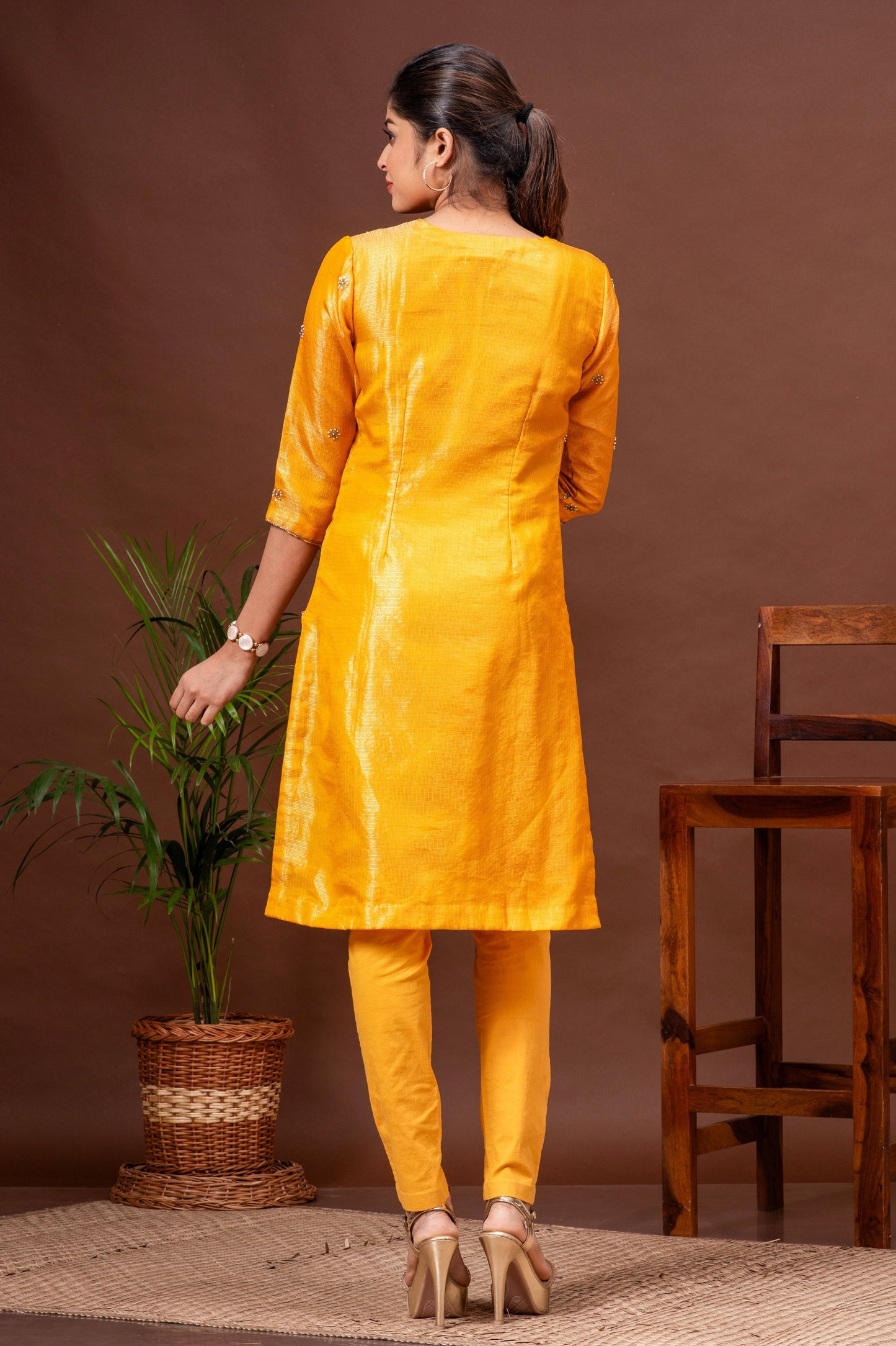 Deep Saffron Zari Kota Doriya Embroidered Kurta Set