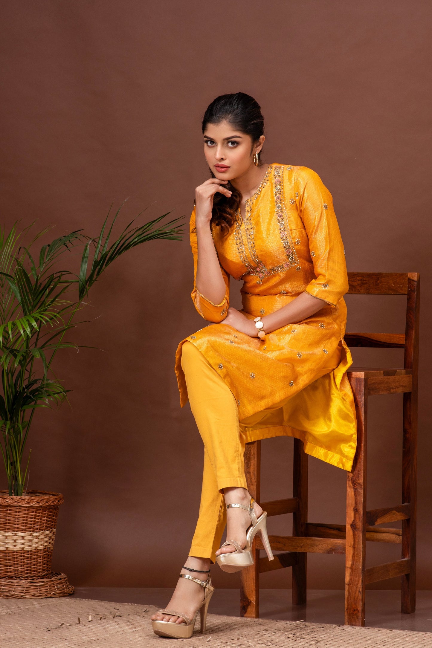 Deep Saffron Zari Kota Doriya Embroidered Kurta Set