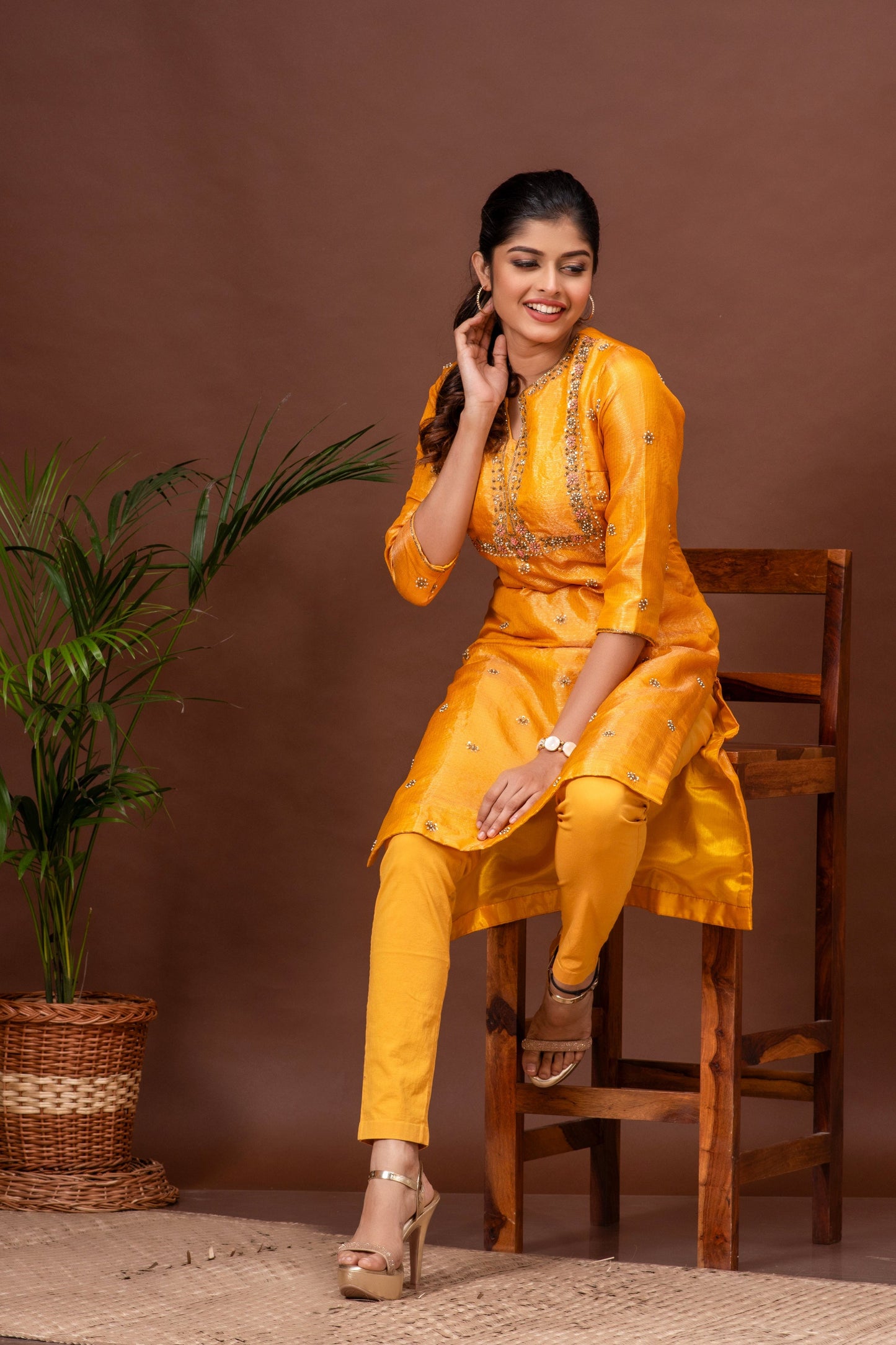 Deep Saffron Zari Kota Doriya Embroidered Kurta Set