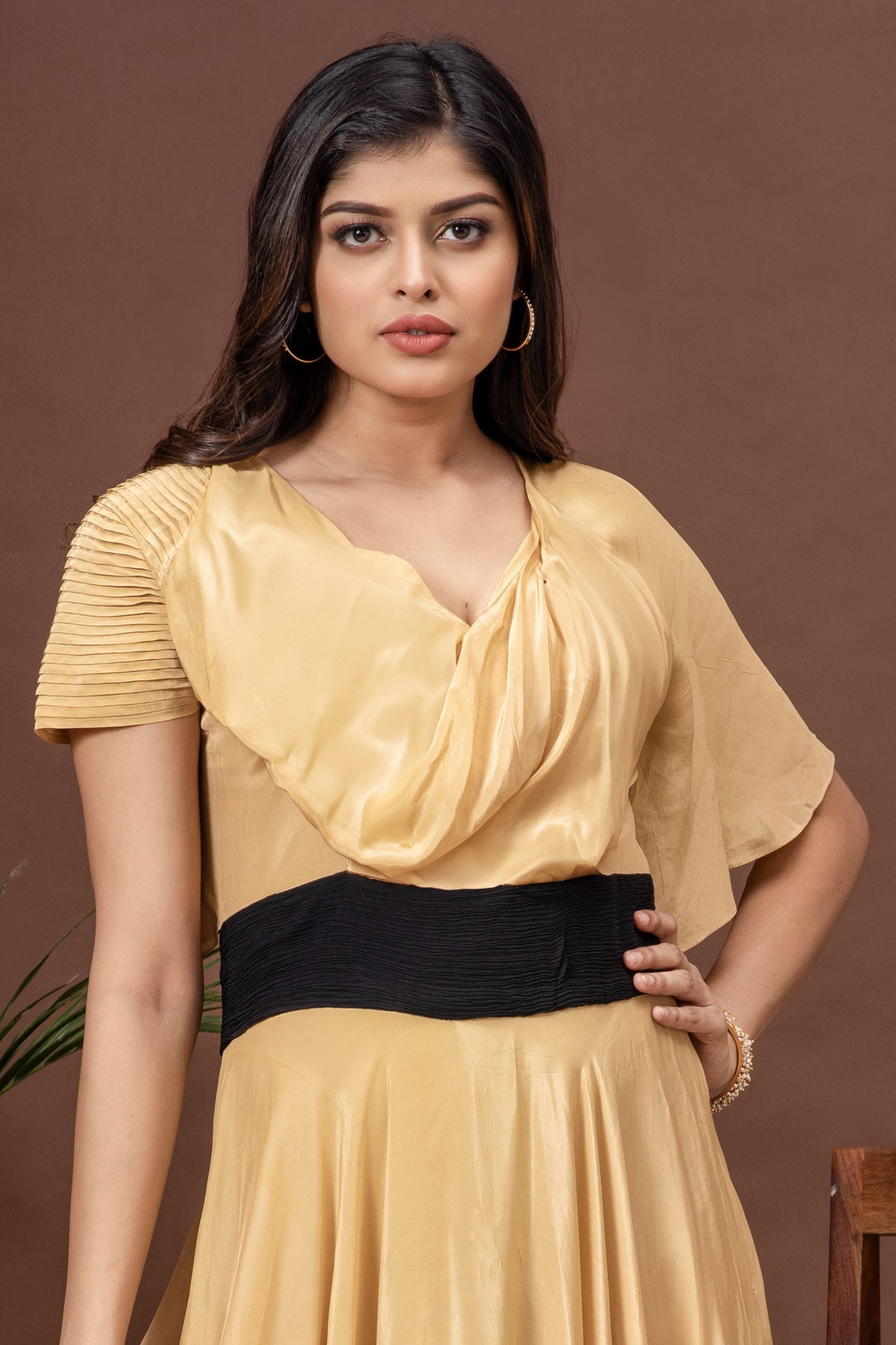 Beige Crepe Draped Cowl Gown