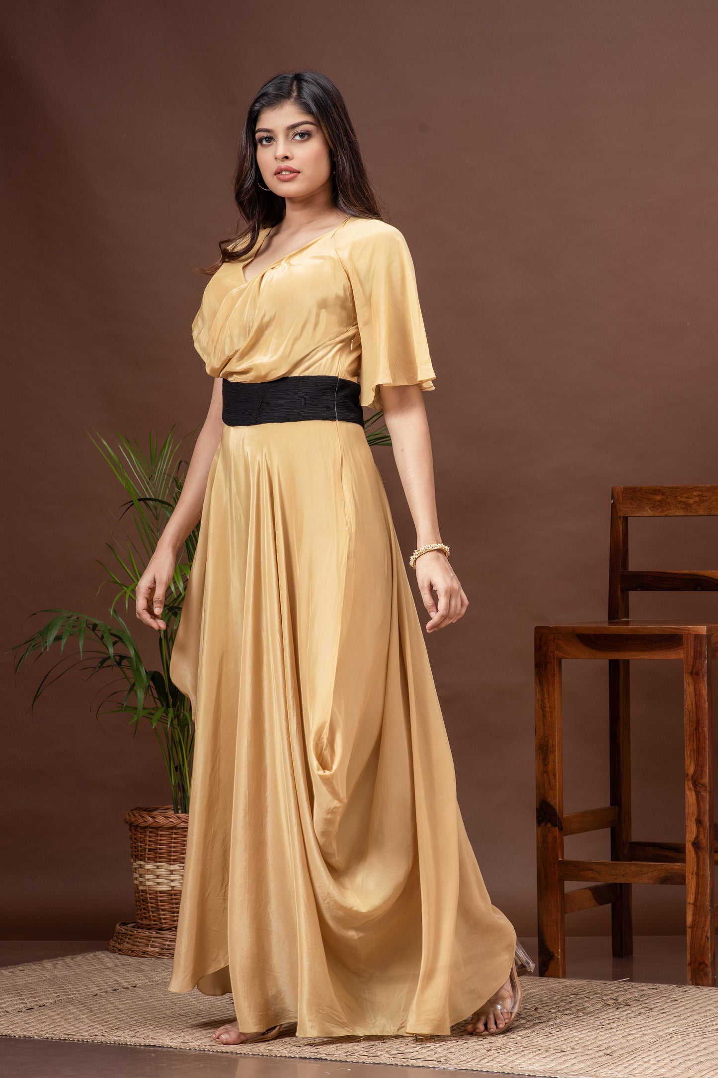 Beige Crepe Draped Cowl Gown