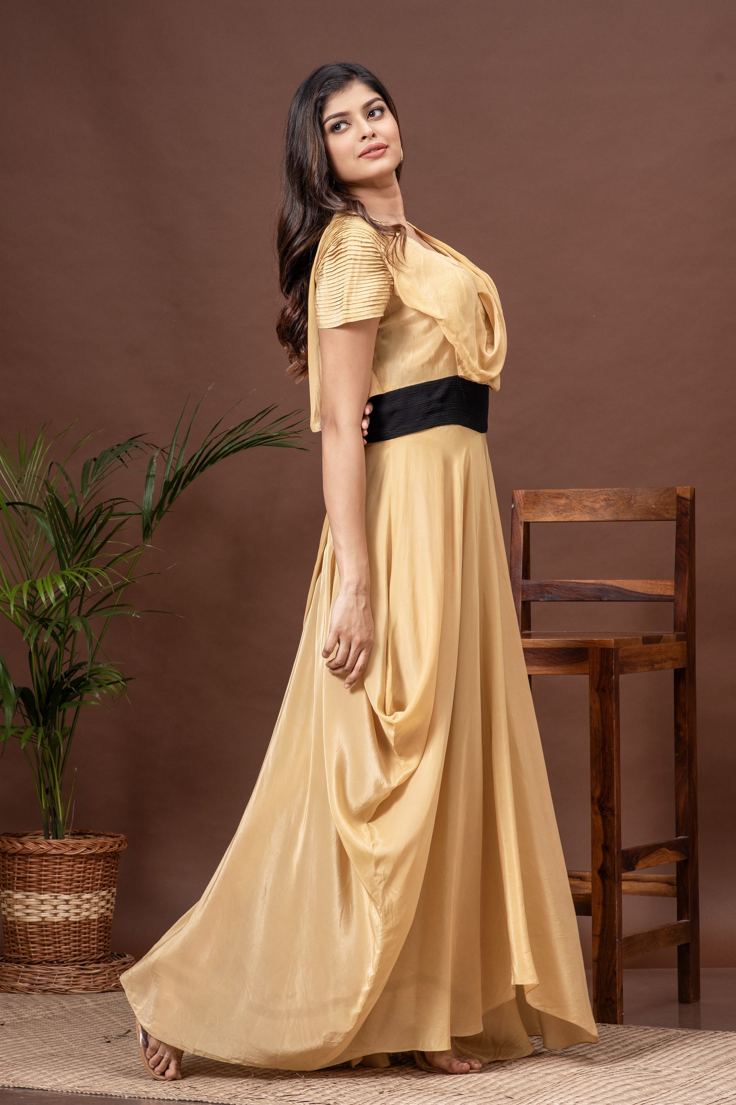 Beige Crepe Draped Cowl Gown