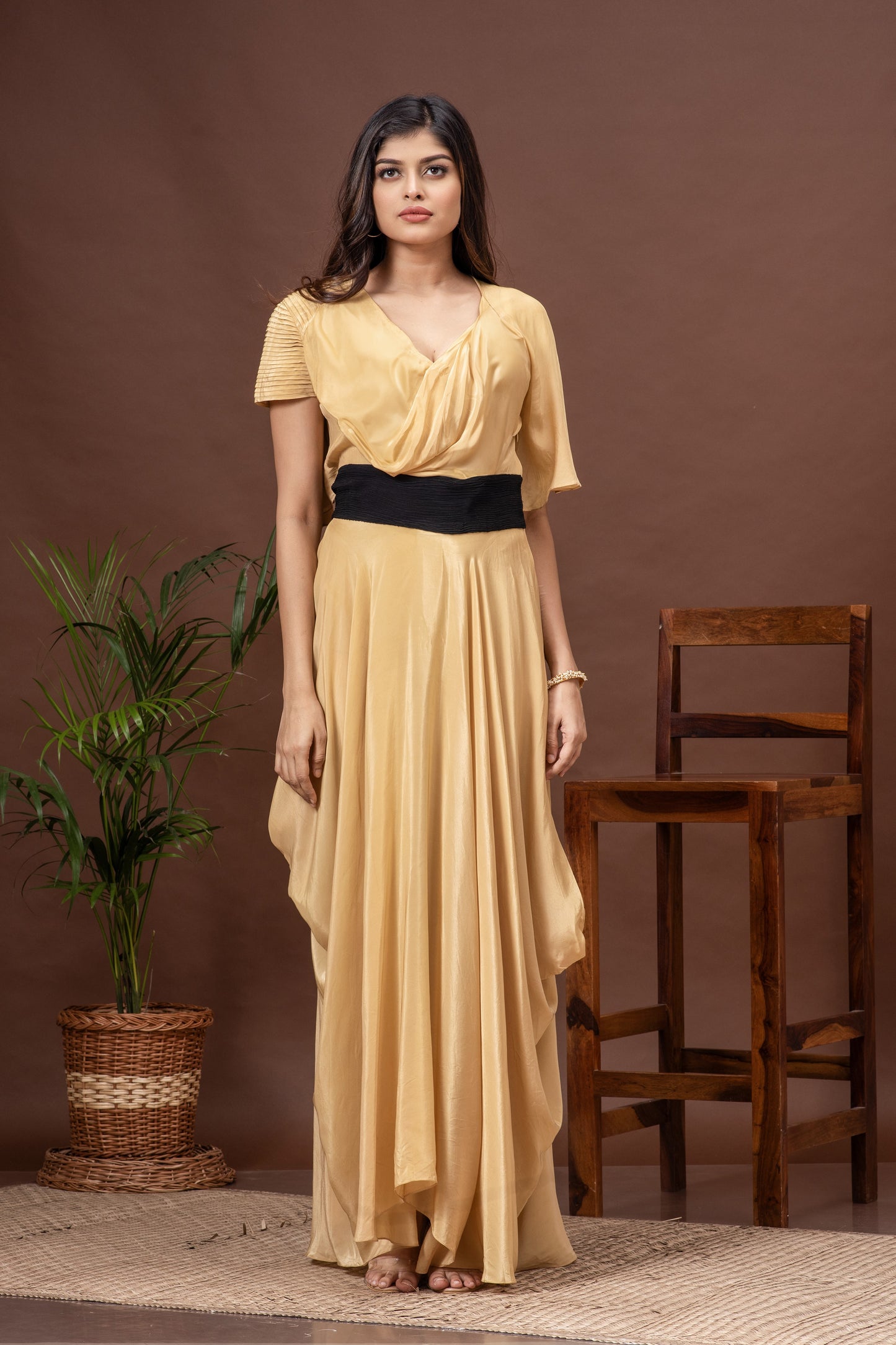 Beige Crepe Draped Cowl Gown
