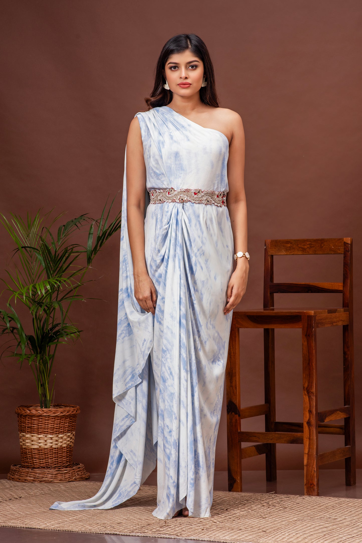 Sky Blue Tie Dye Cotton One Shoulder Draped Gown