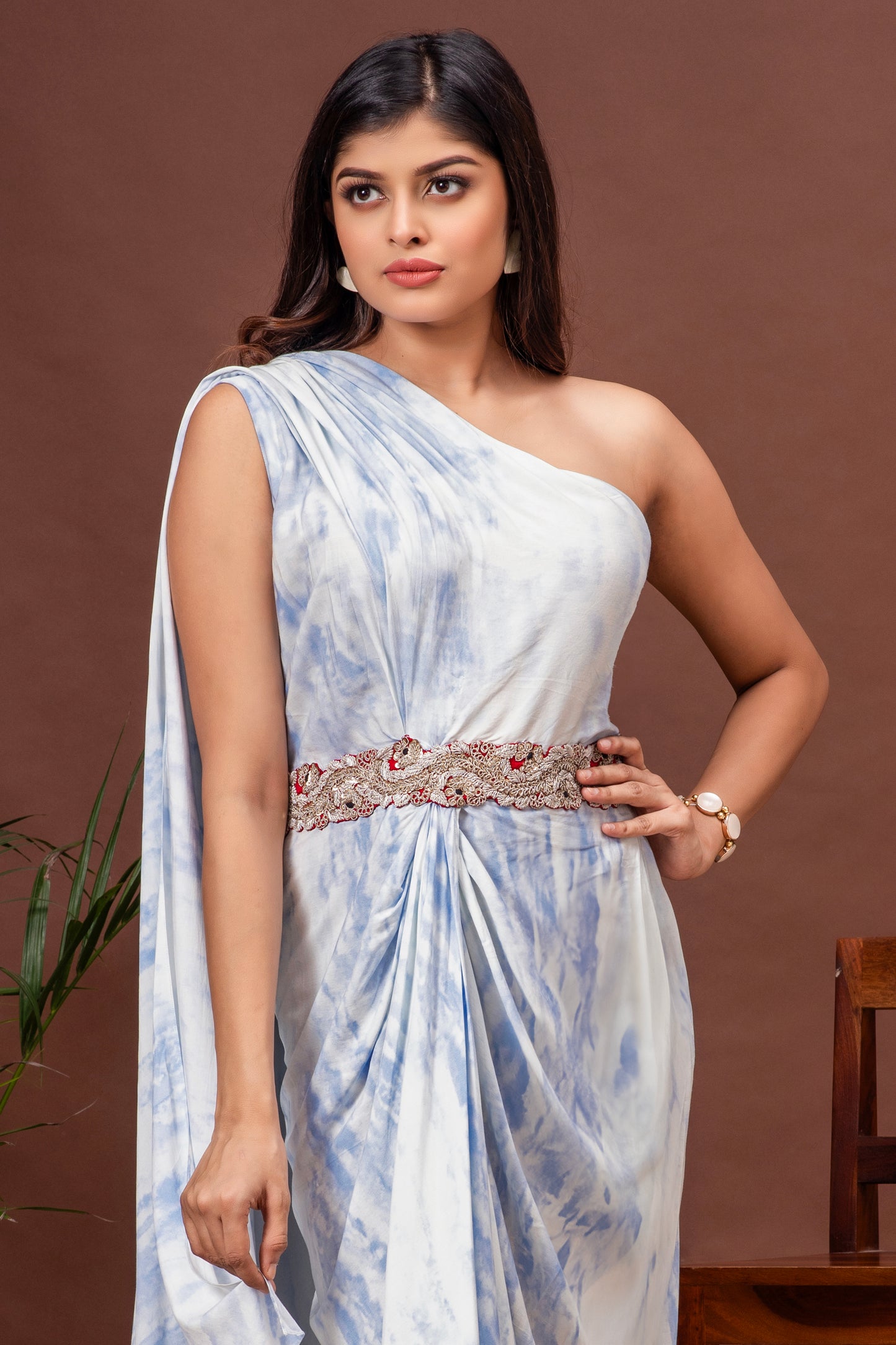 Sky Blue Tie Dye Cotton One Shoulder Draped Gown