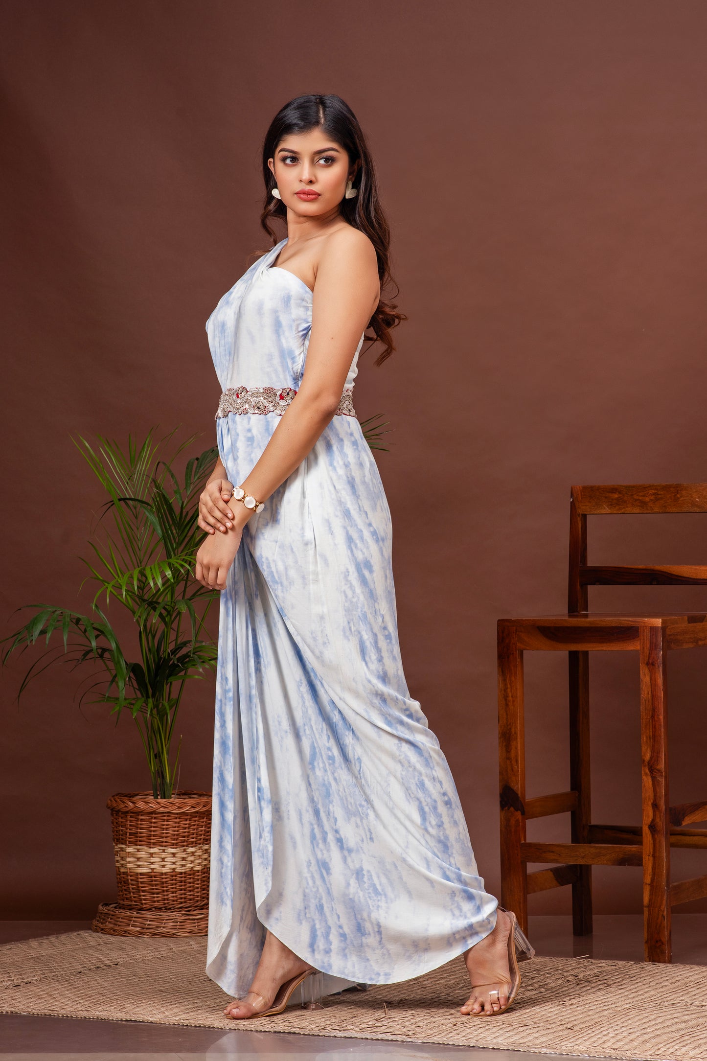 Sky Blue Tie Dye Cotton One Shoulder Draped Gown