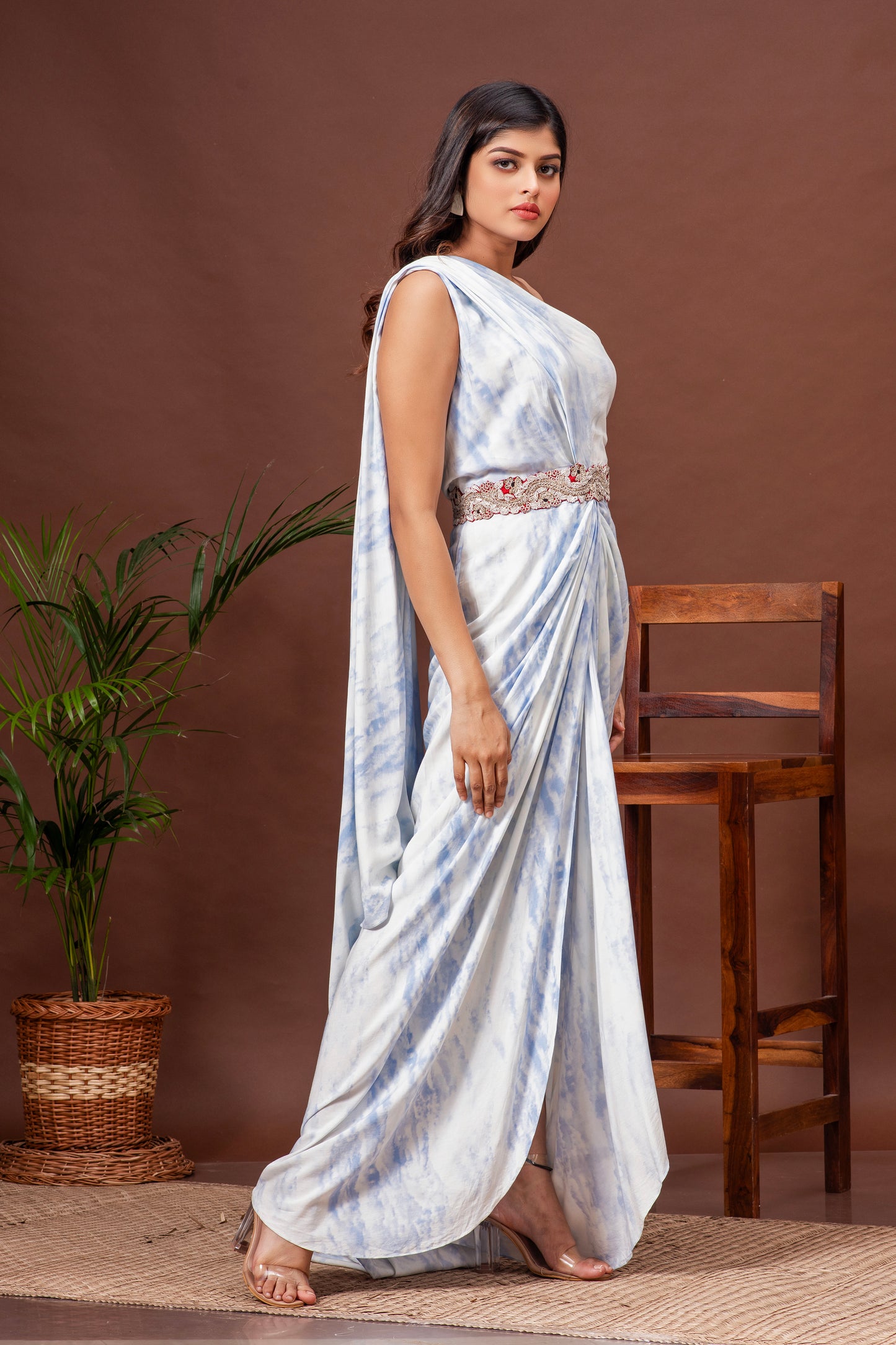 Sky Blue Tie Dye Cotton One Shoulder Draped Gown