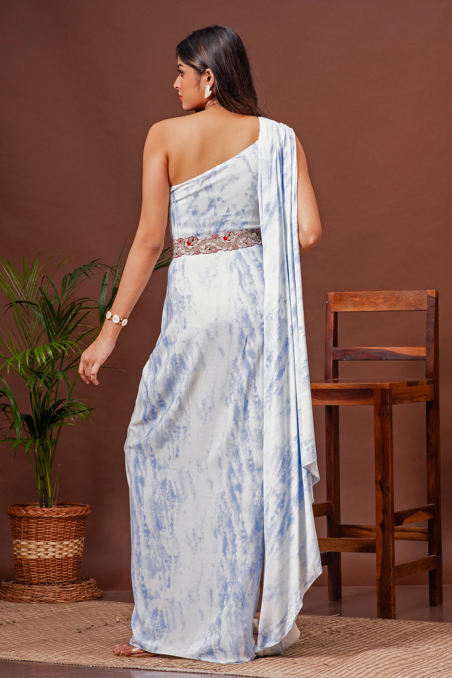 Sky Blue Tie Dye Cotton One Shoulder Draped Gown