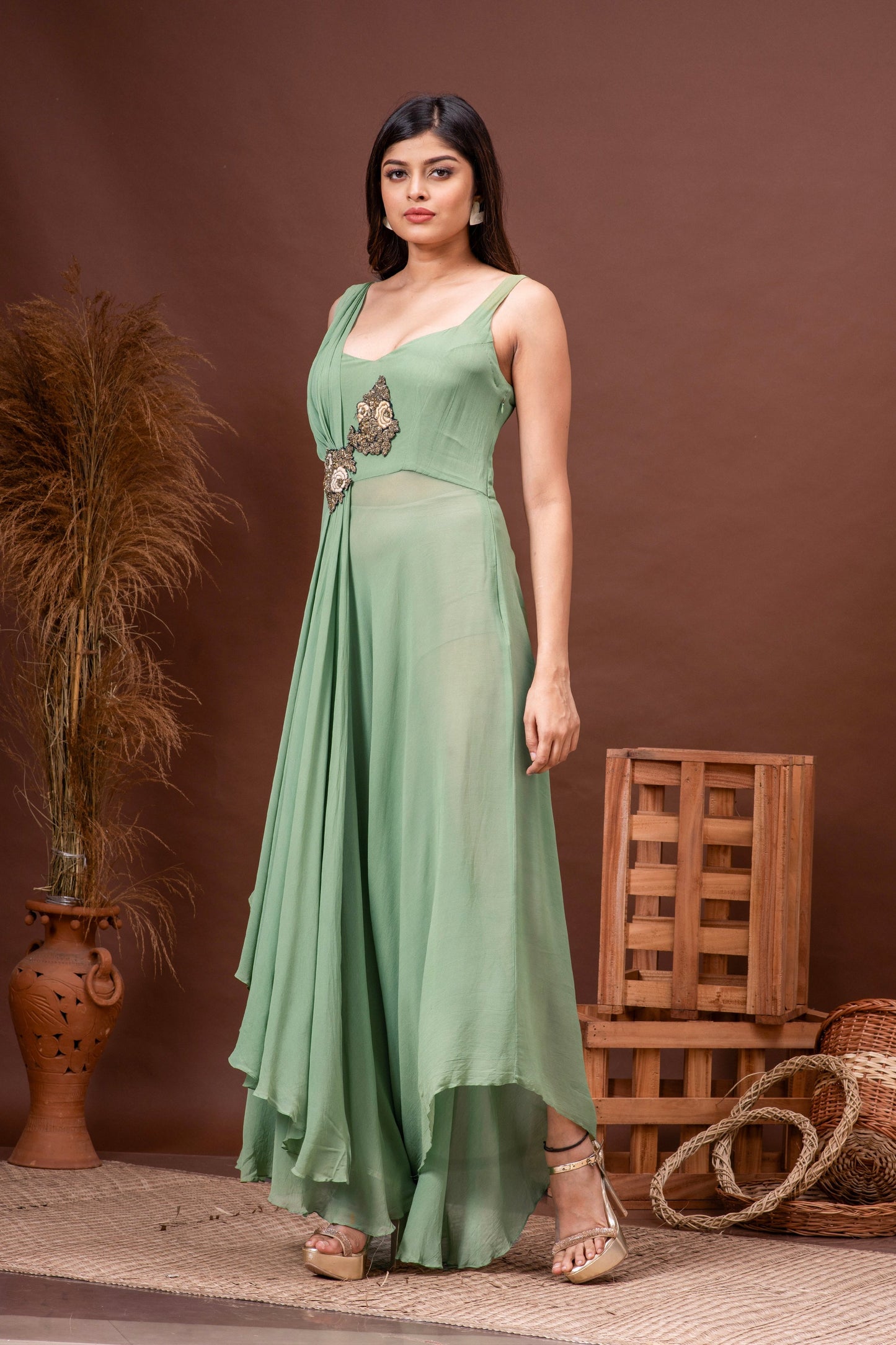 Dusty Green Georgette Embroidered Draped Dress