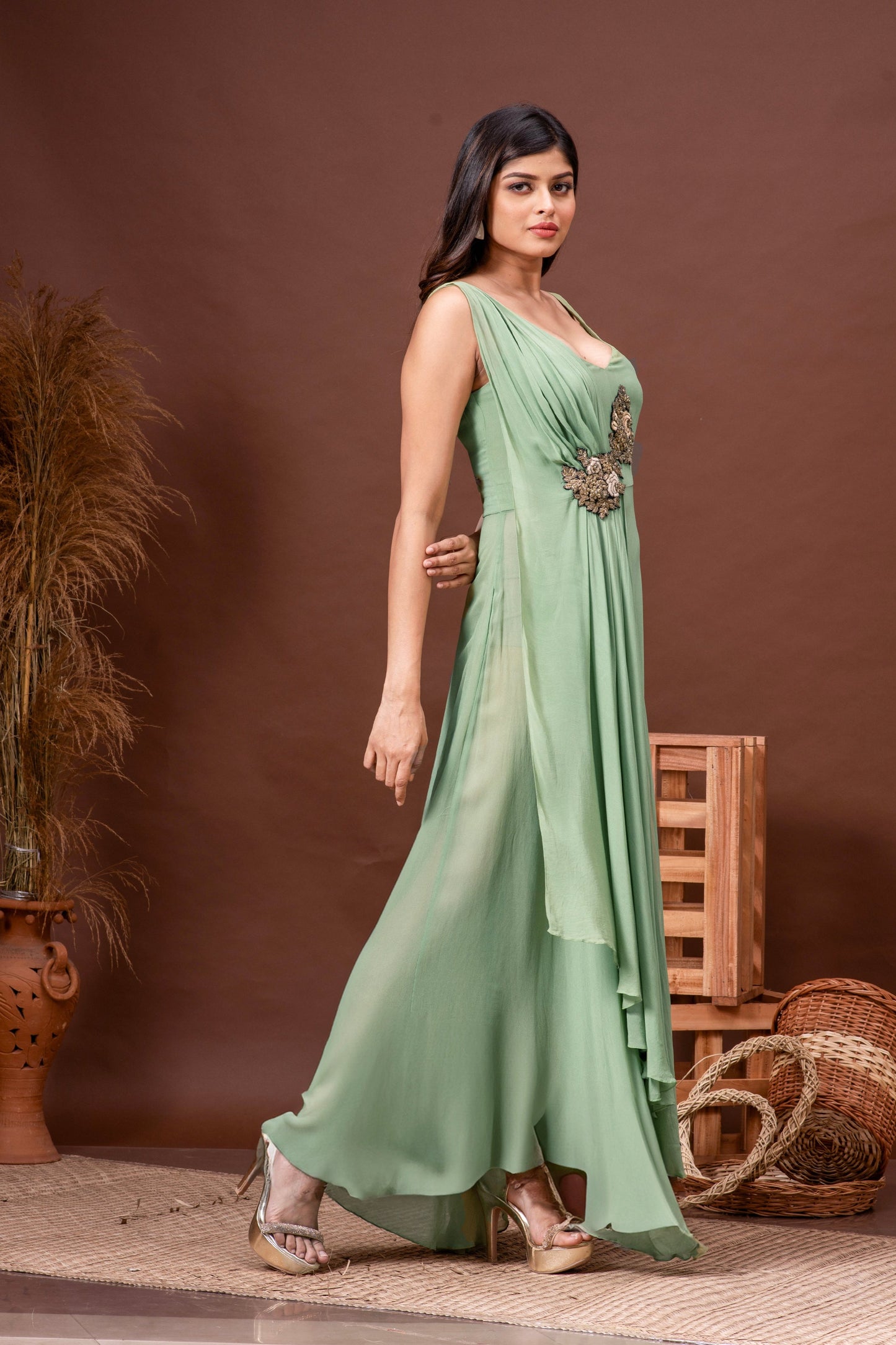 Dusty Green Georgette Embroidered Draped Dress