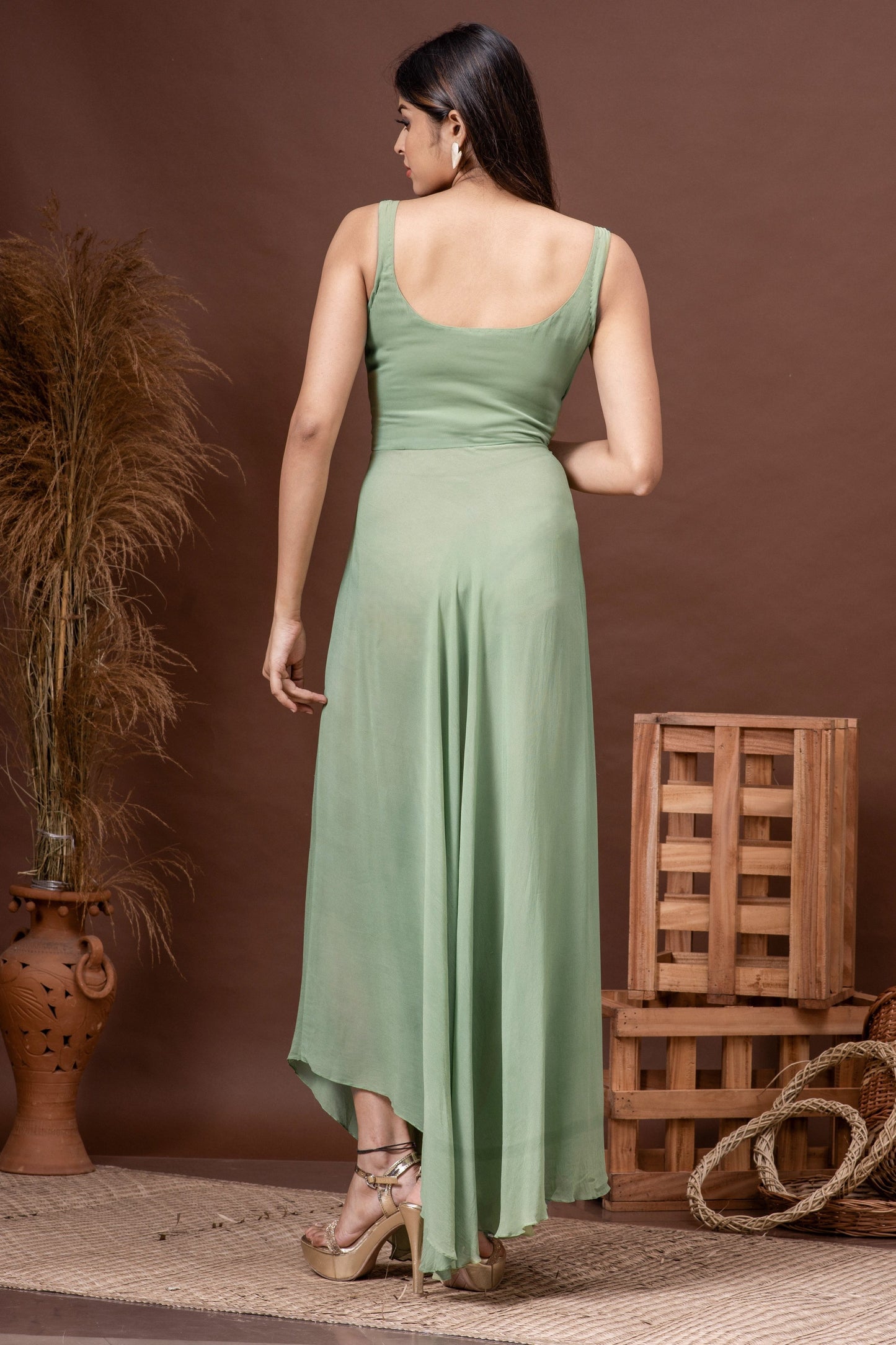 Dusty Green Georgette Embroidered Draped Dress