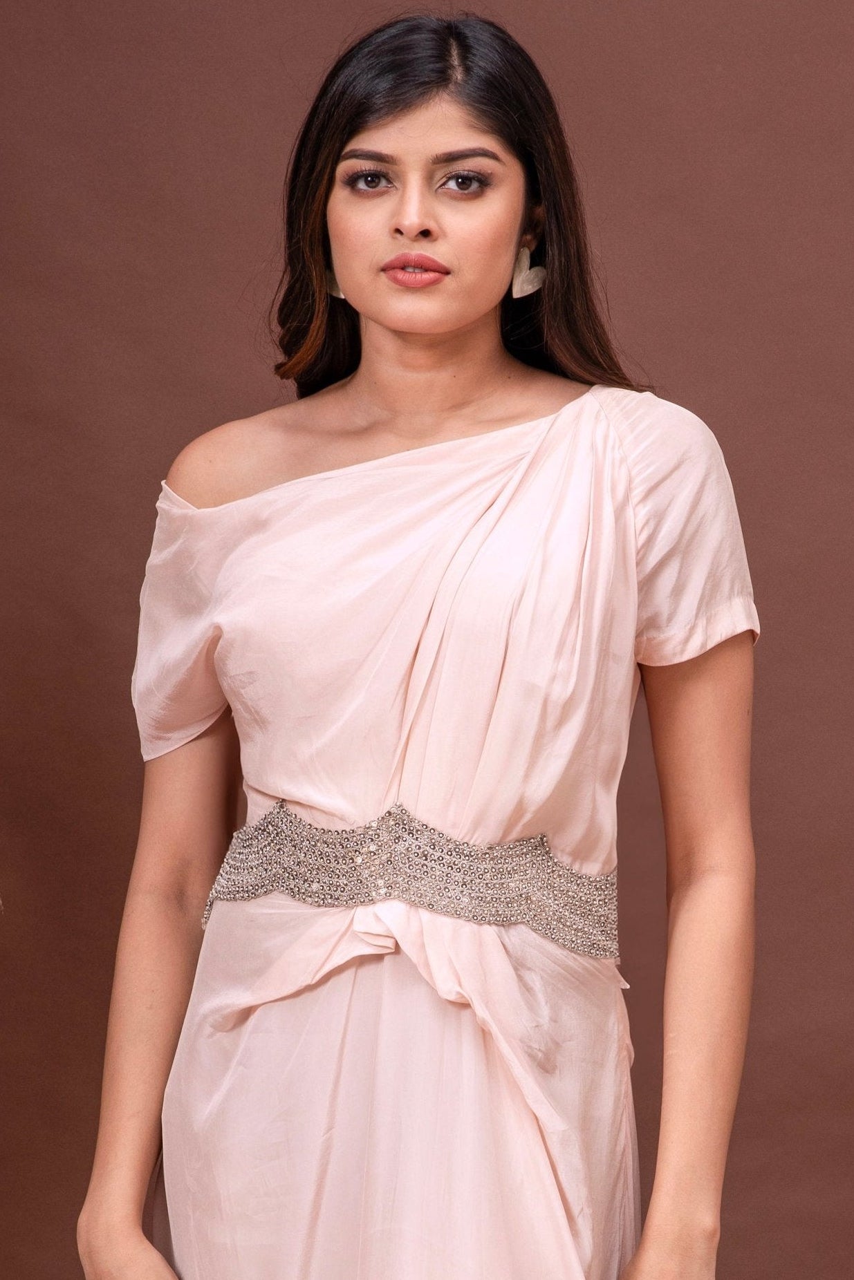 Champagne Pink Drop Shoulder Habutai Silk Hand Embroidered Gown