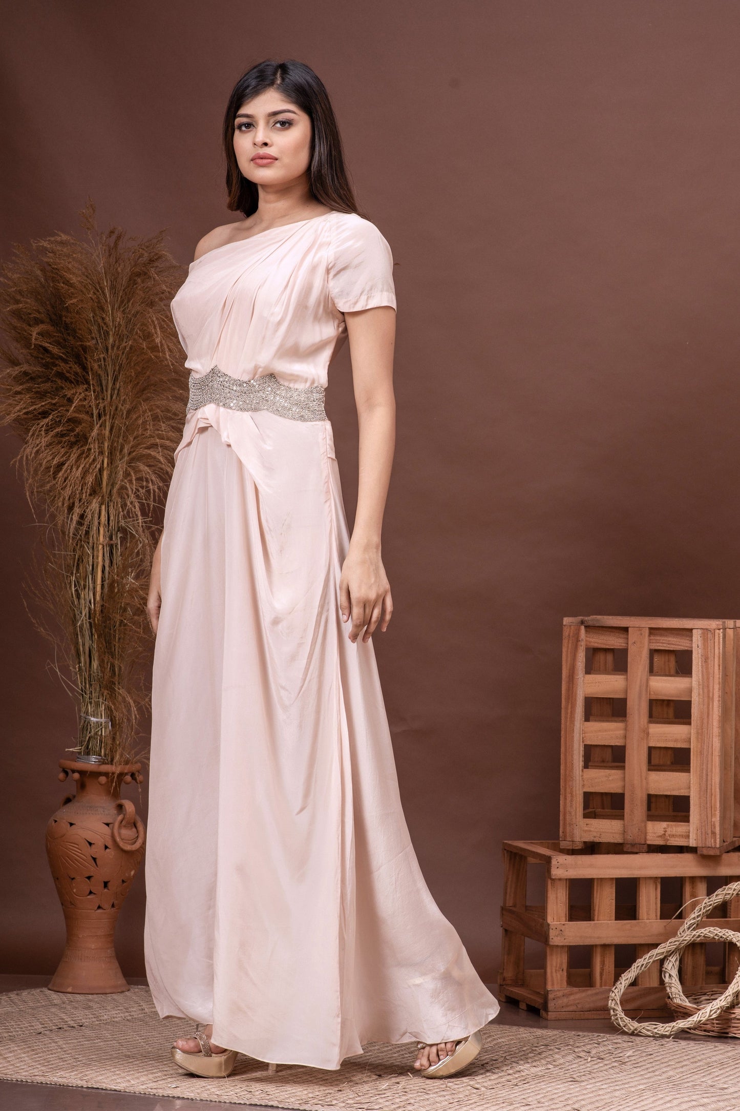 Champagne Pink Drop Shoulder Habutai Silk Hand Embroidered Gown