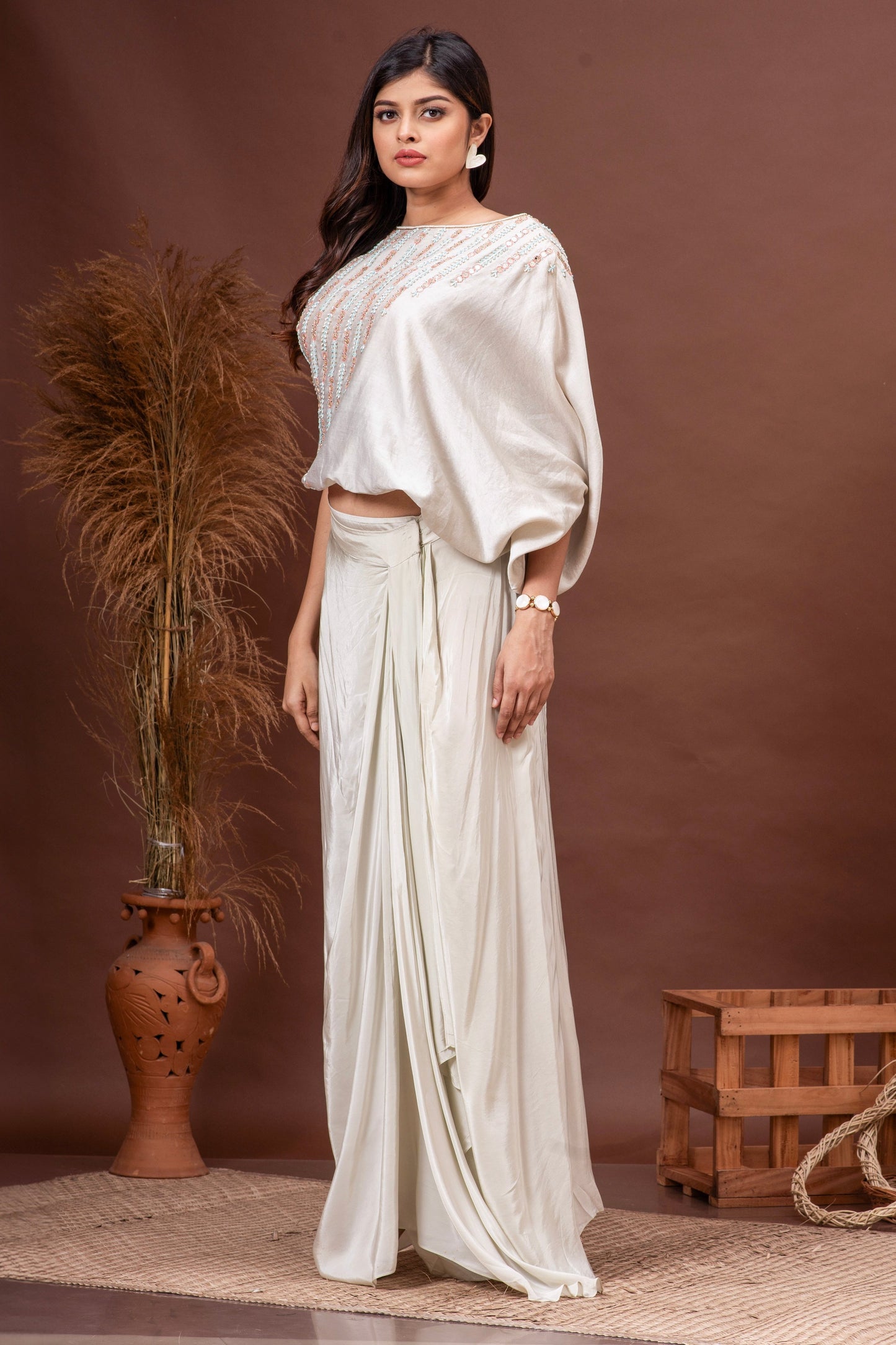 Icy Mint Green Crepe Draped Skirt Set